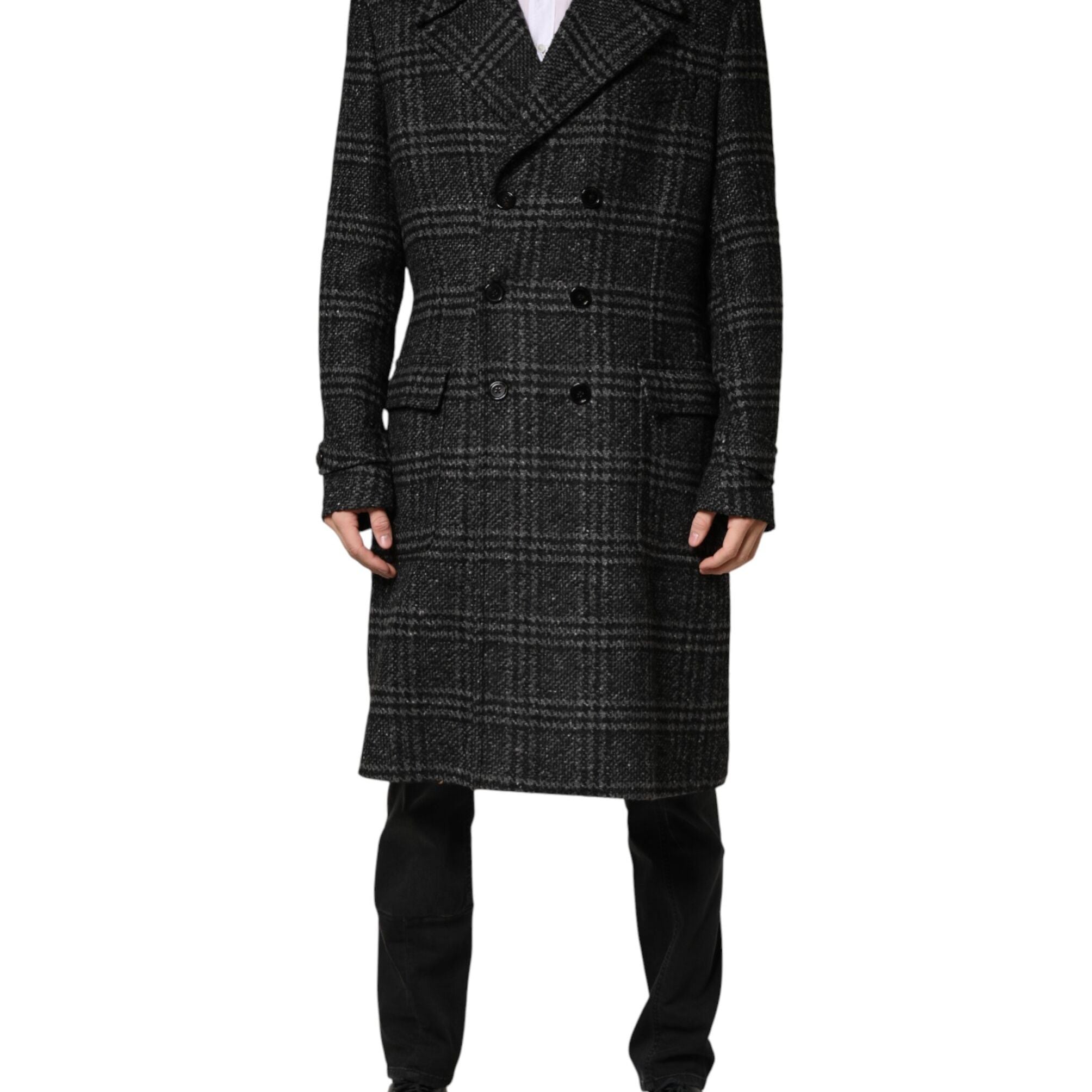 Dolce & Gabbana Grey Double Breasted Plaid Wool Coat Jacket