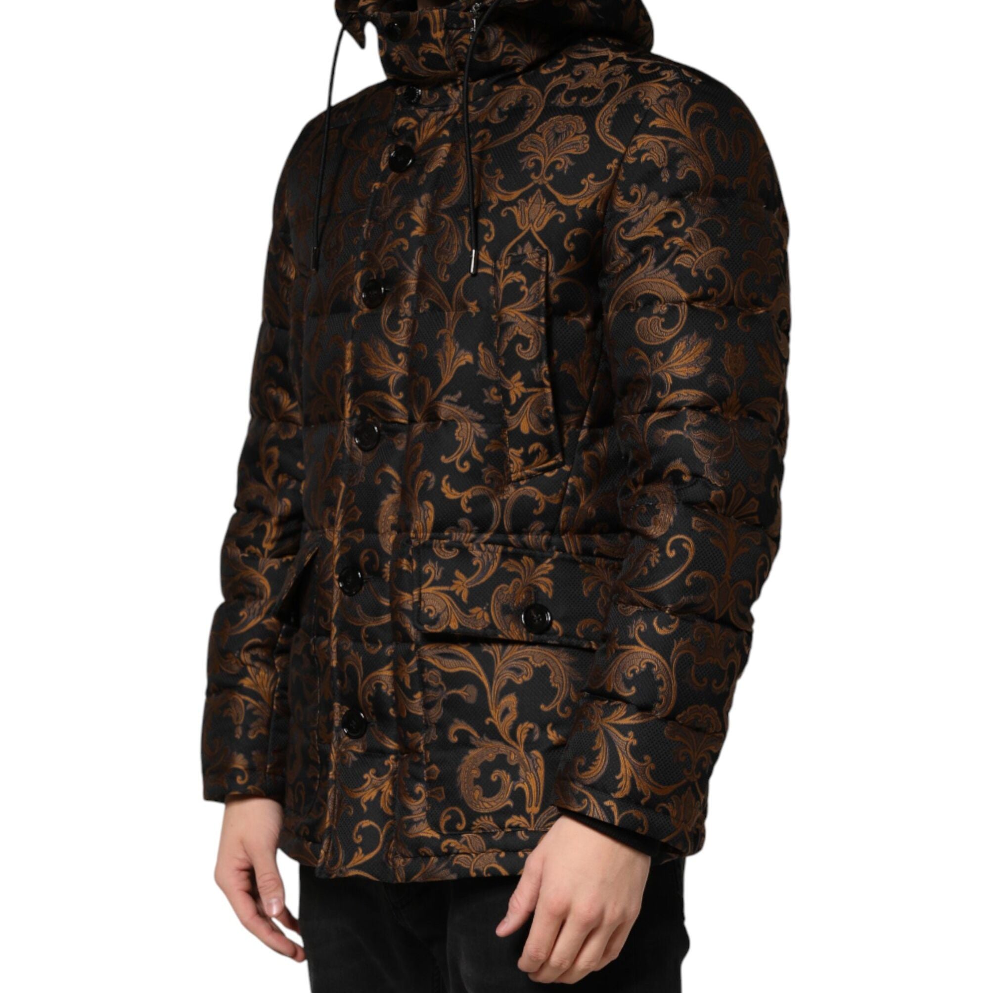 Dolce & Gabbana Black Floral Jacquard Quilted Hooded Jacket
