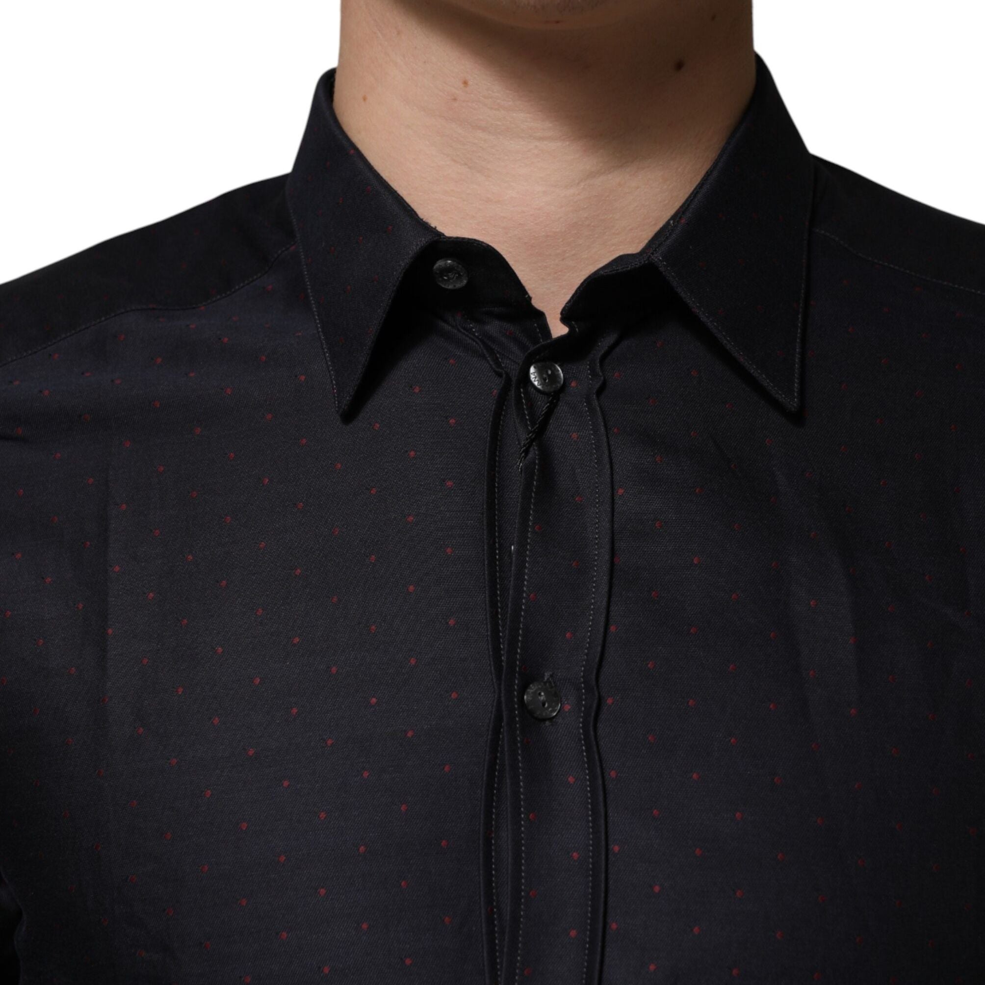 Dolce & Gabbana Black Dotted Cotton Collared GOLD Dress Shirt