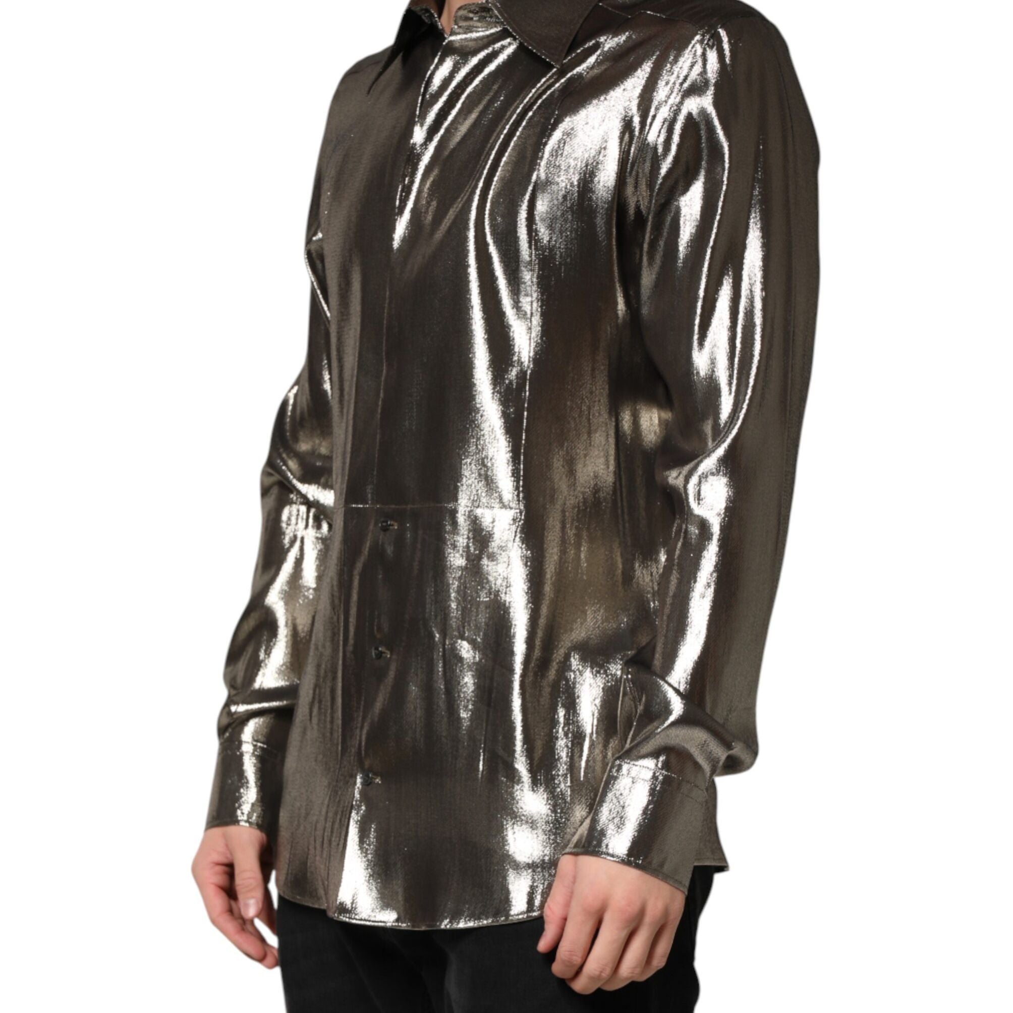 Dolce & Gabbana Silver Silk GOLD Collared Dress Formal Shirt