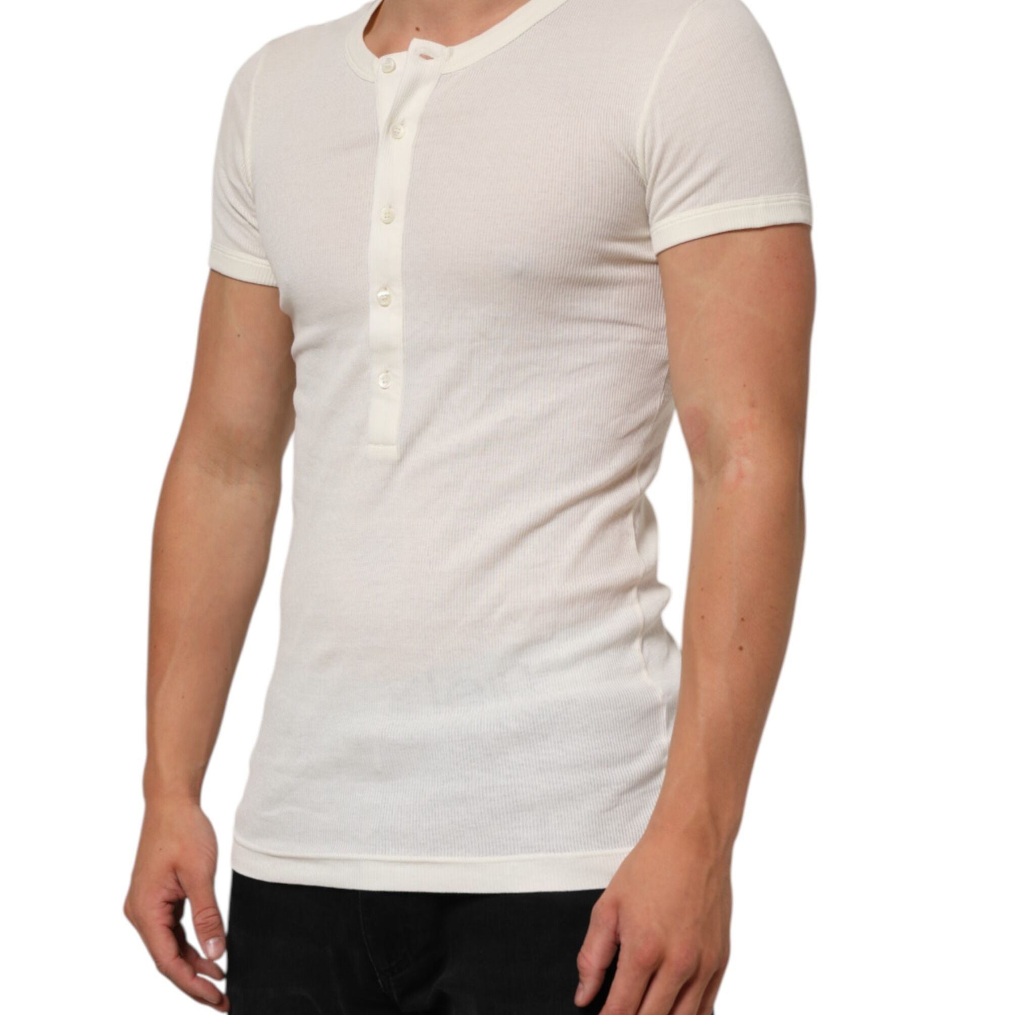 Dolce & Gabbana Off White Cotton Short Sleeve Henley T-shirt