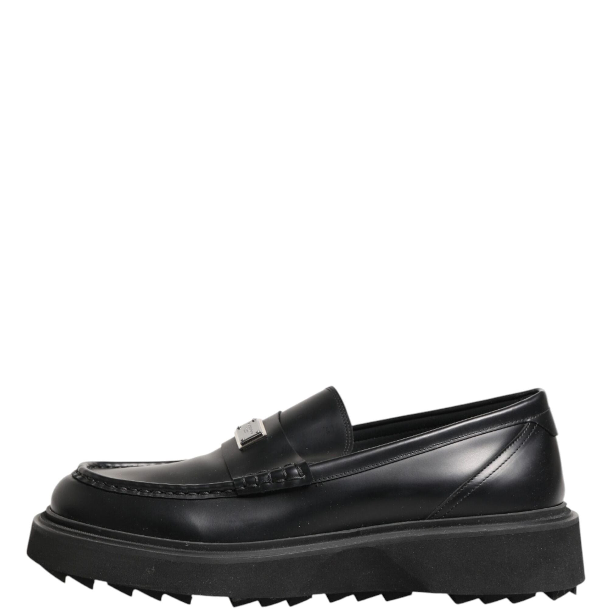 Dolce & Gabbana Black Leather DG Plaque Loafers Dress Shoes