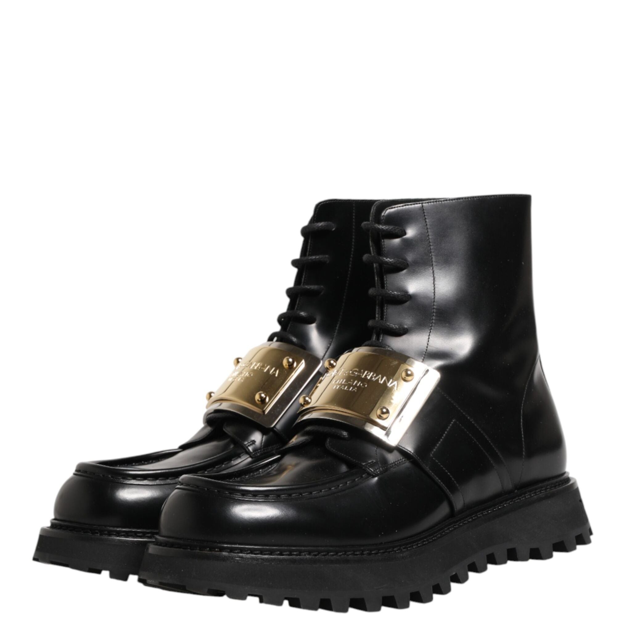 Dolce & Gabbana Black Leather DG Plaque Lace Up Boots Shoes