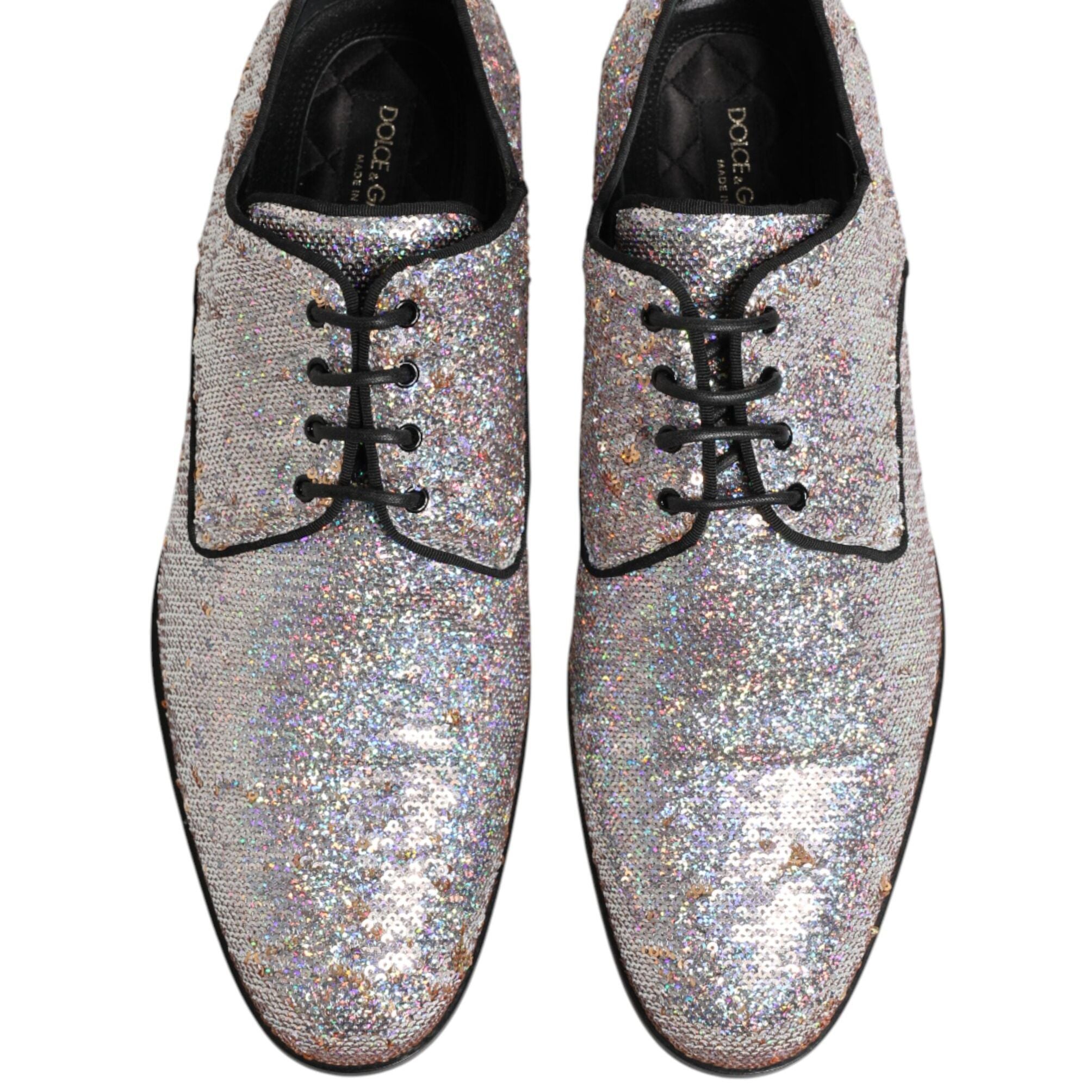 Dolce & Gabbana Silver Sequined Lace Up Men Derby Dress Shoes