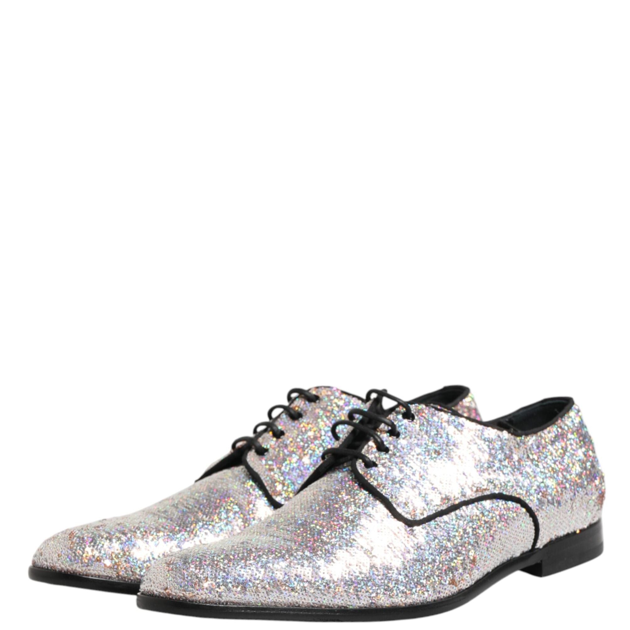 Dolce & Gabbana Silver Sequined Lace Up Men Derby Dress Shoes