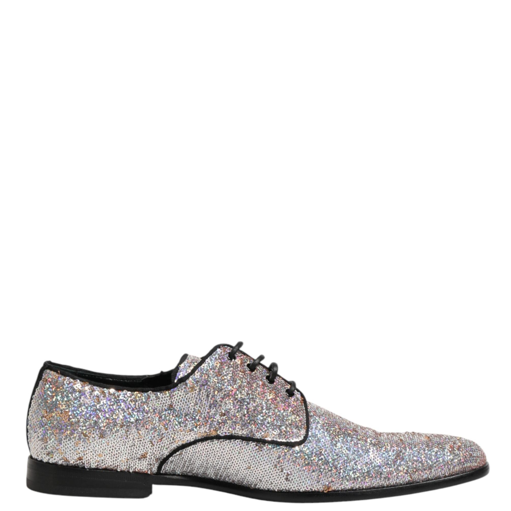 Dolce & Gabbana Silver Sequined Lace Up Men Derby Dress Shoes