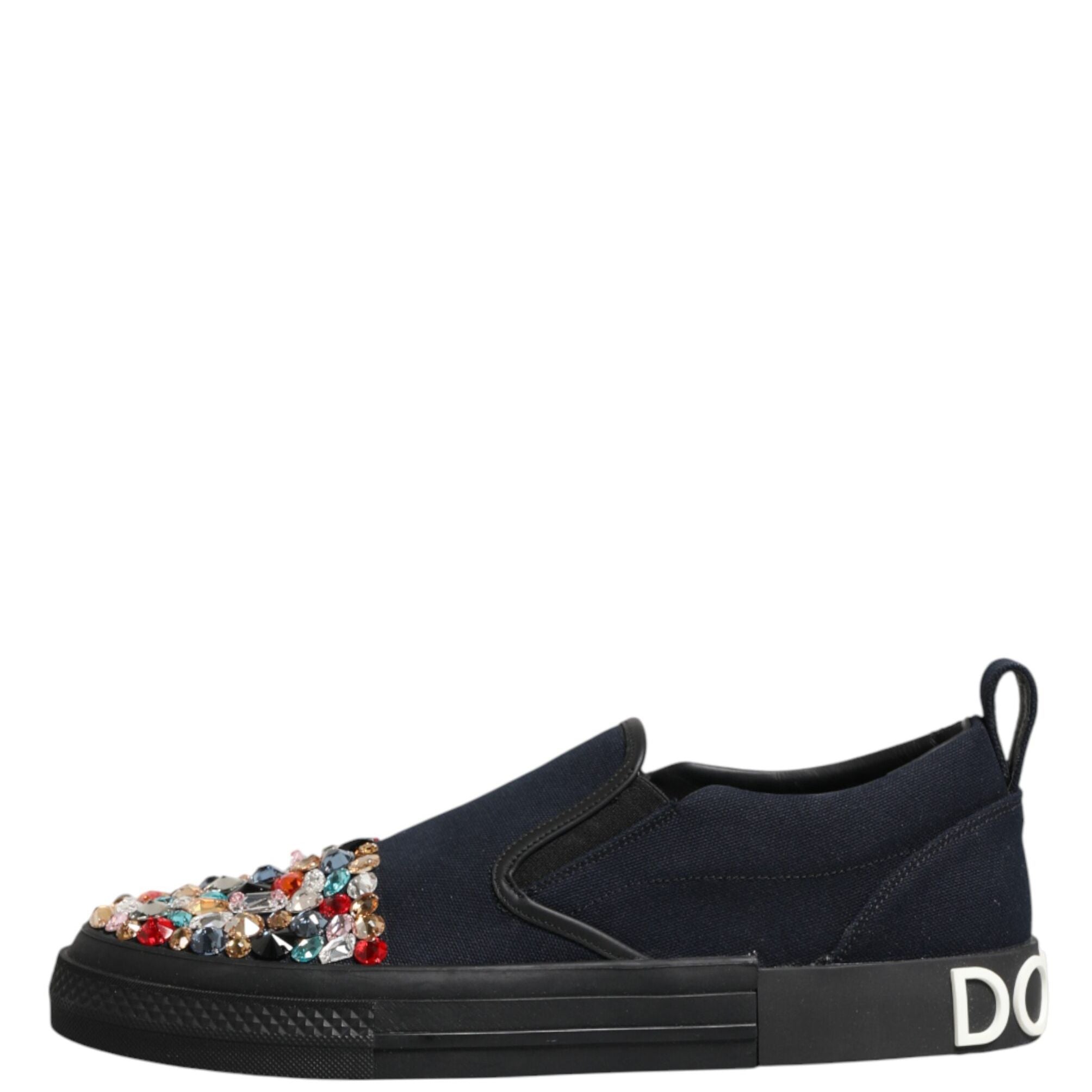 Dolce & Gabbana Blue Canvas Embellished Slip On Men Sneakers Shoes