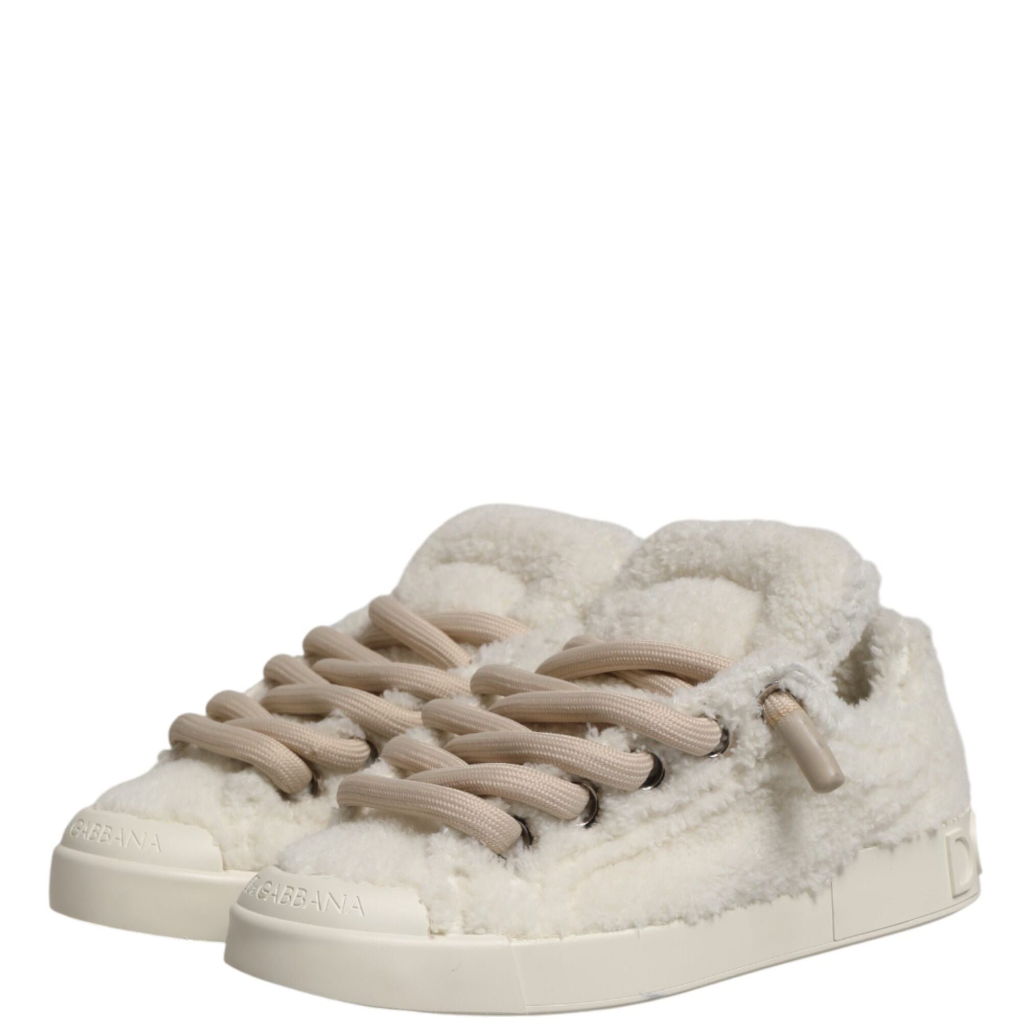 Dolce & Gabbana White Faux Shearling Low Top Sneakers Shoes