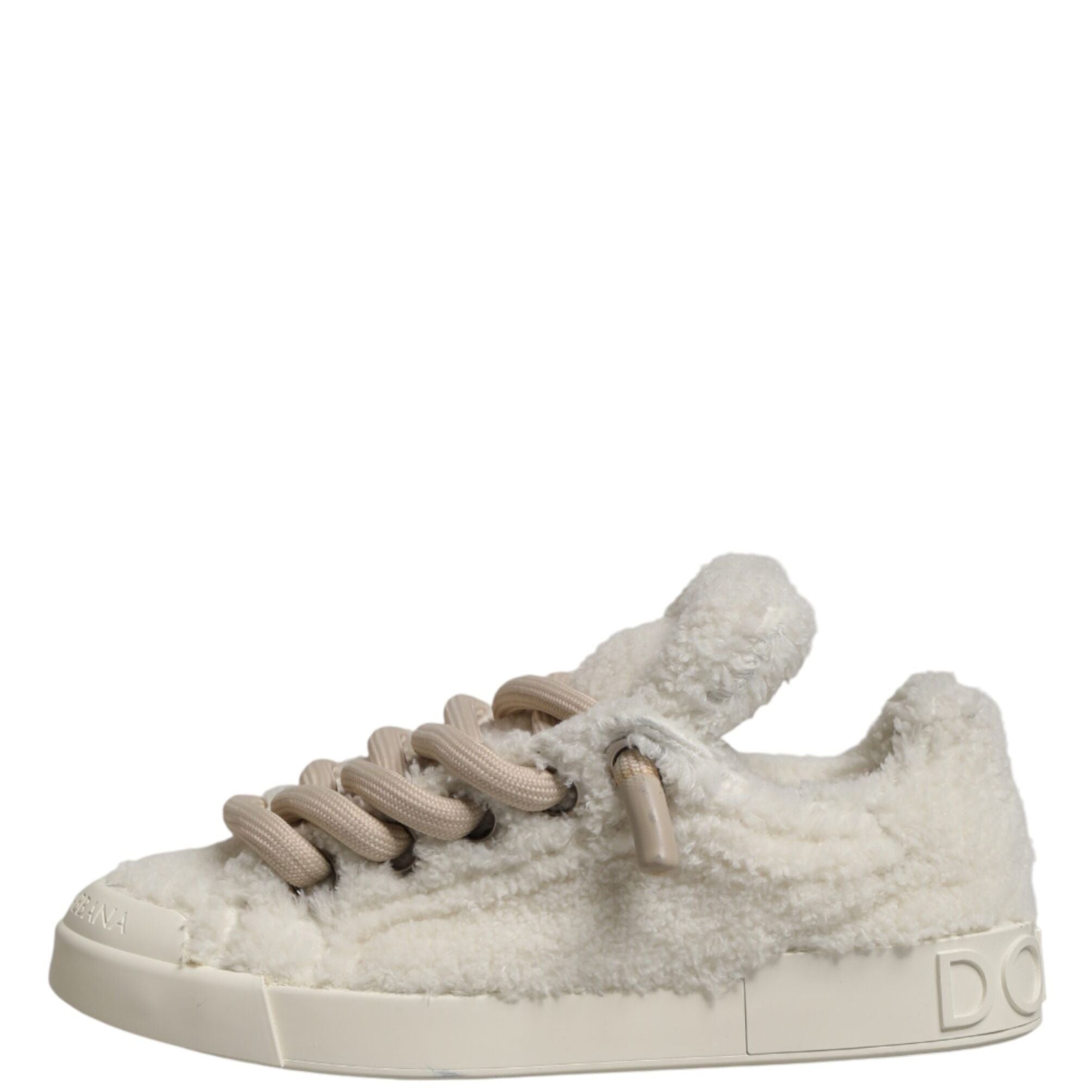 Dolce & Gabbana White Faux Shearling Low Top Sneakers Shoes