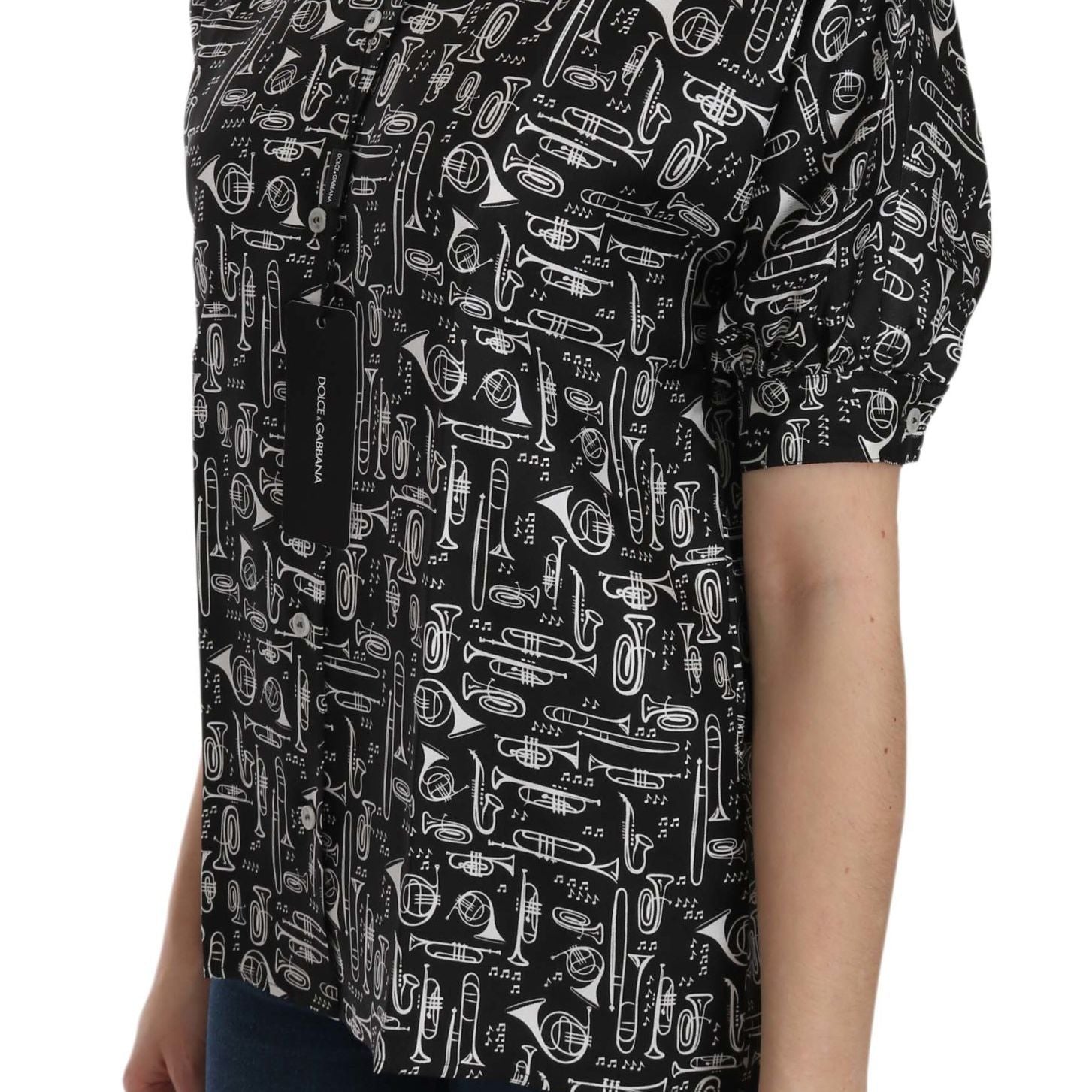 Dolce & Gabbana Black Musical Instrument Collared Blouse Shirt