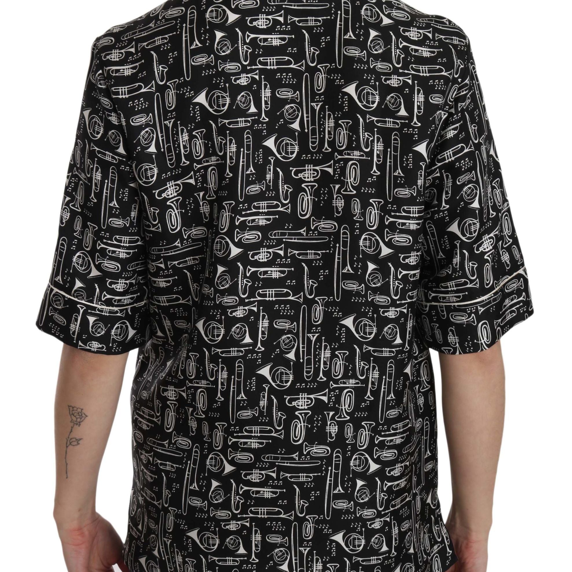 Dolce & Gabbana Black Musical Instrument Print Silk Top
