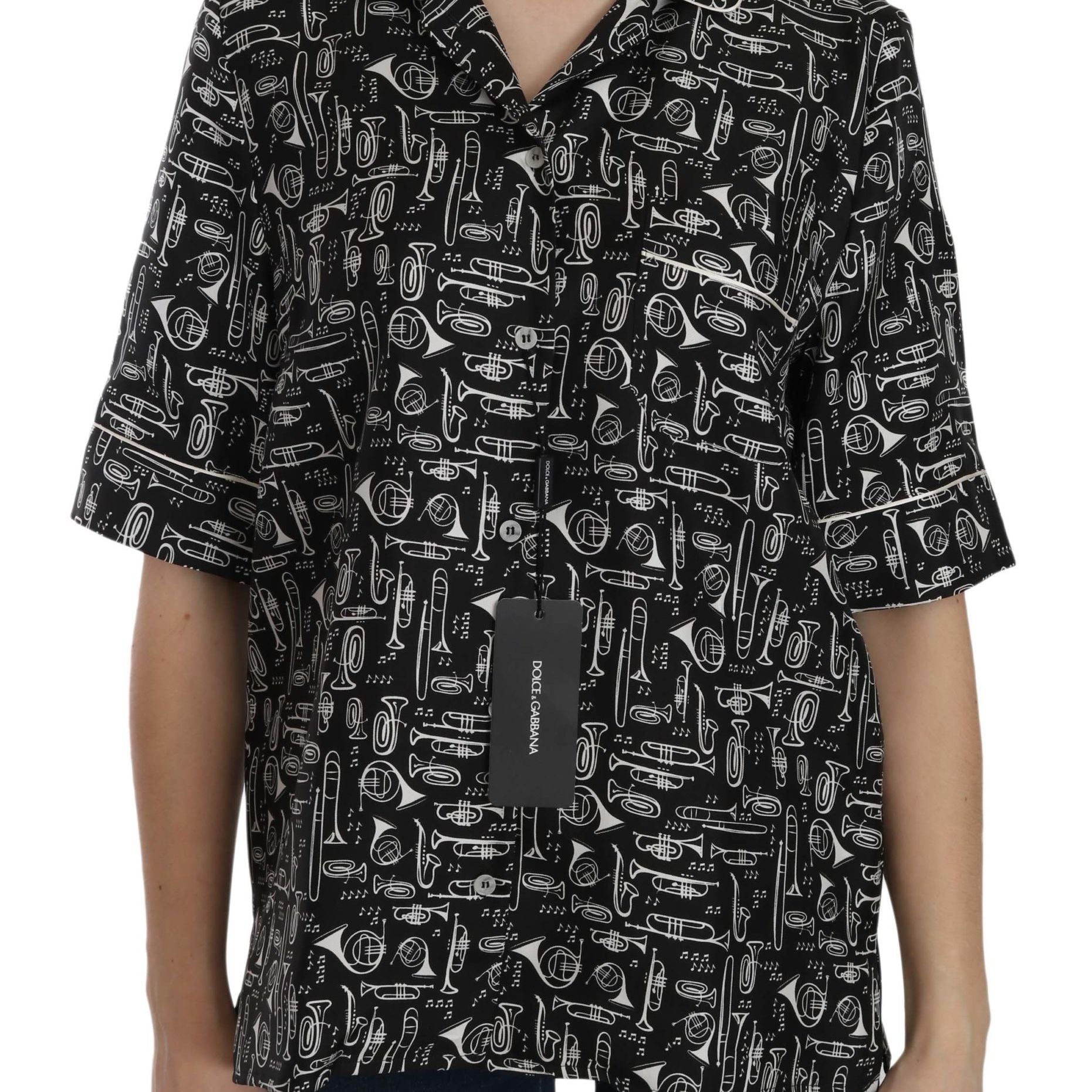 Dolce & Gabbana Black Musical Instrument Print Silk Top