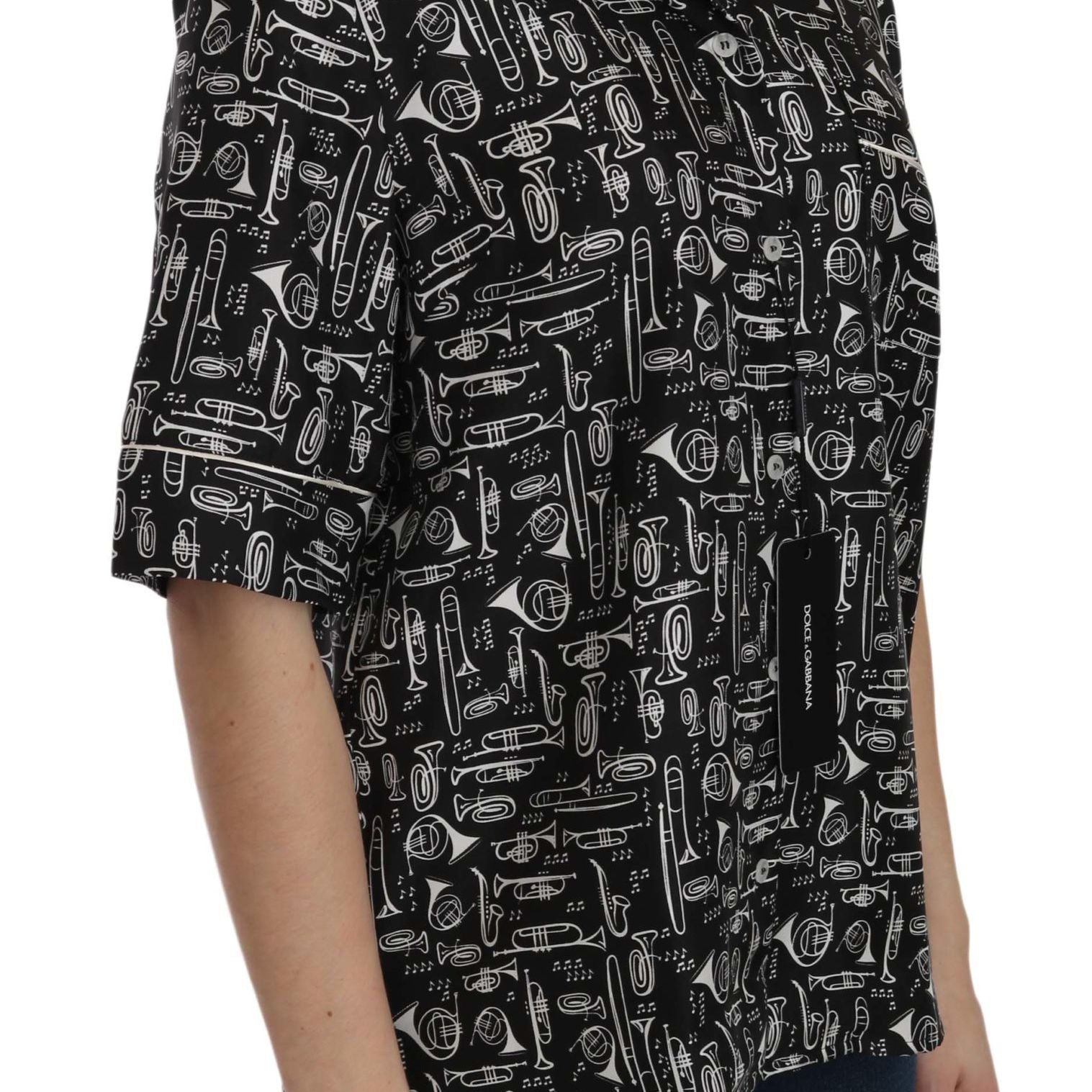 Dolce & Gabbana Black Musical Instrument Print Silk Top