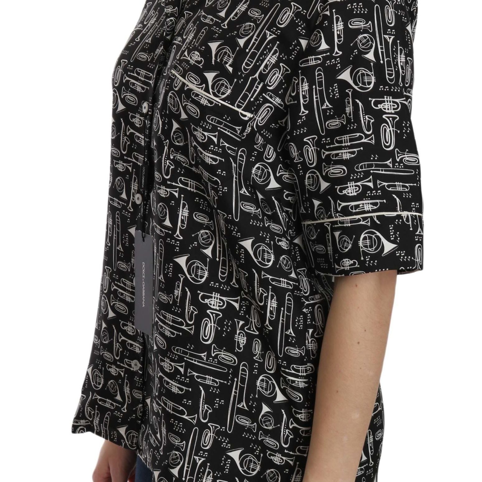 Dolce & Gabbana Black Musical Instrument Print Silk Top