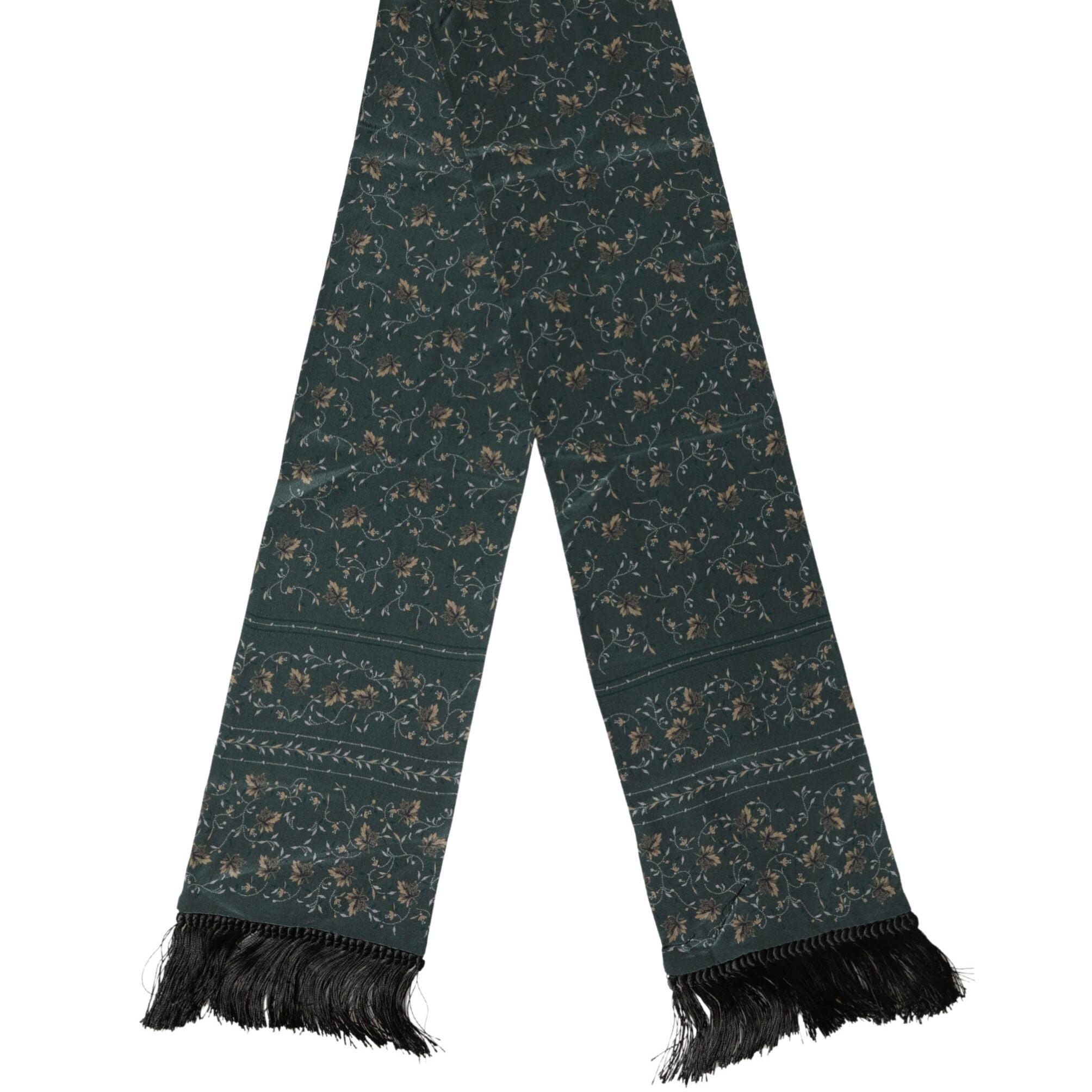 Dolce & Gabbana Green Silk Floral Pattern Fringed 135cm X 16cm Scarf