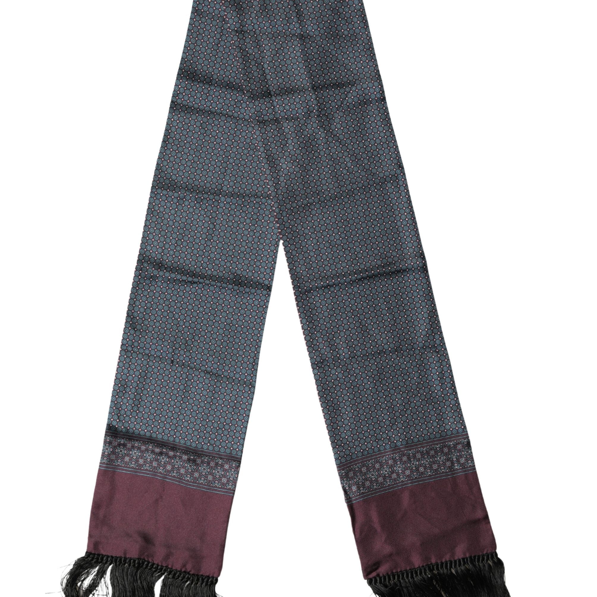 Dolce & Gabbana Bordeaux Silk Fringe Geometric Neck Wrap 142cm X 15cm Scarf