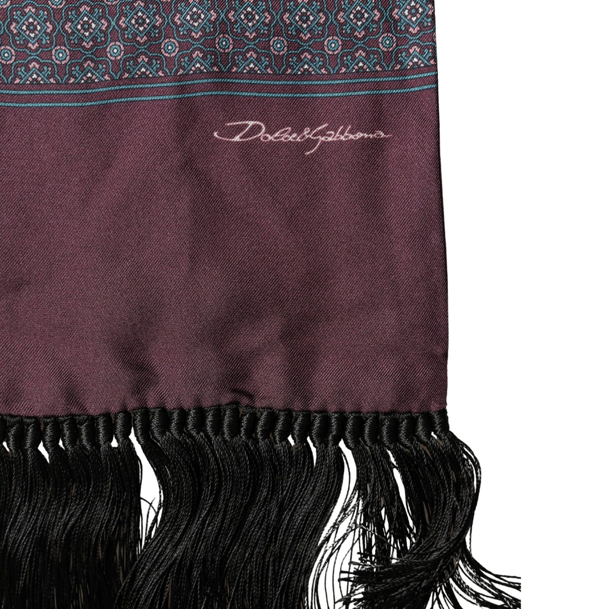 Dolce & Gabbana Bordeaux Silk Fringe Geometric Neck Wrap 142cm X 15cm Scarf