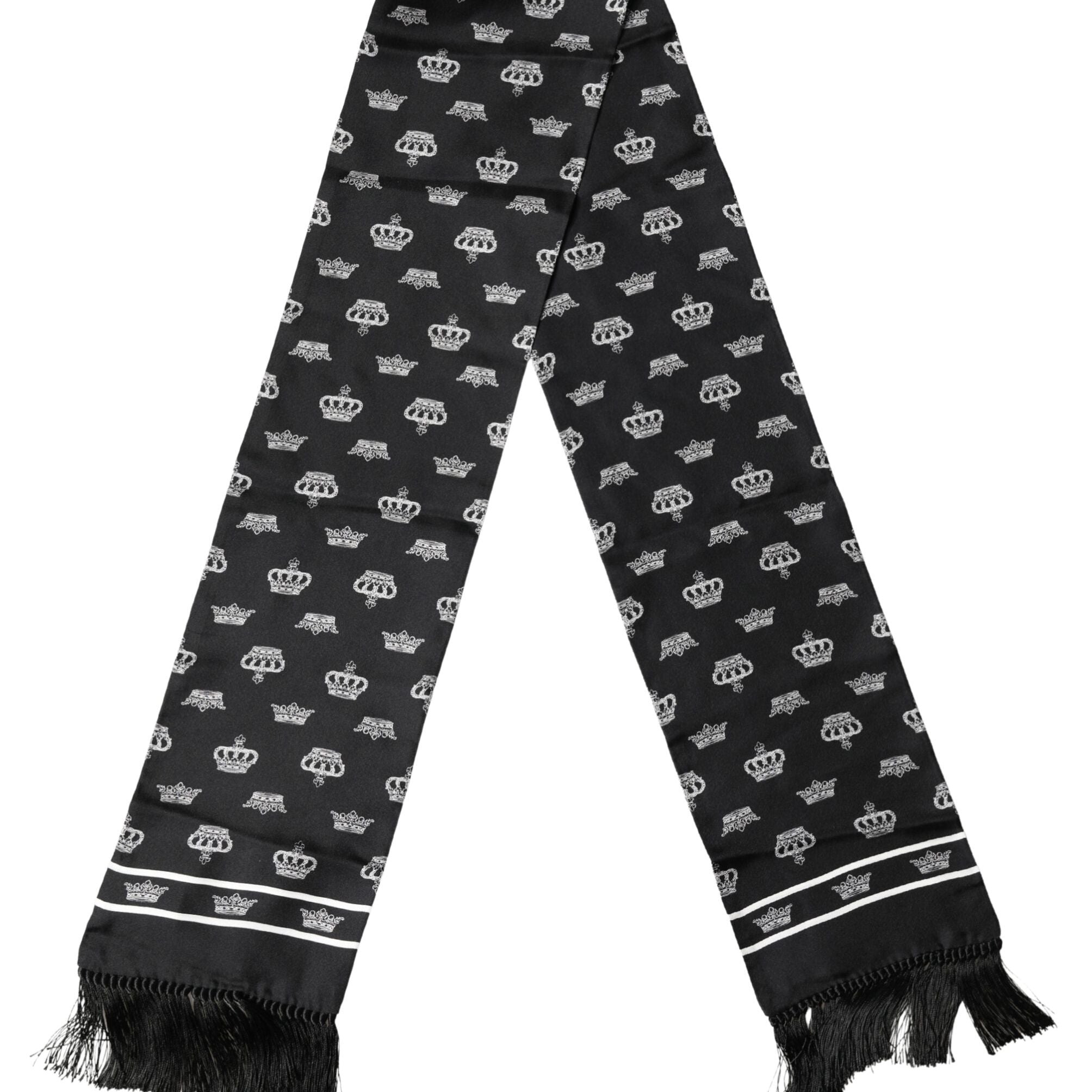 Dolce & Gabbana Black Silk Crown Fringes Neck Wrap Shawl 136cm X 15cm Scarf