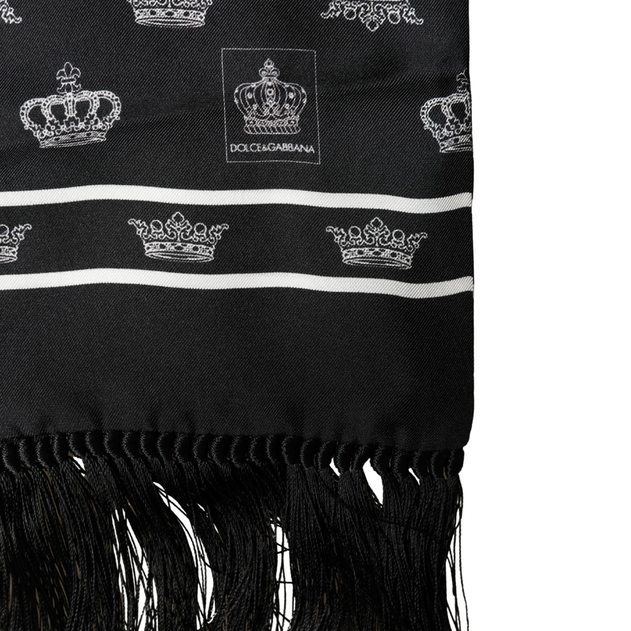 Dolce & Gabbana Black Silk Crown Fringes Neck Wrap Shawl 136cm X 15cm Scarf