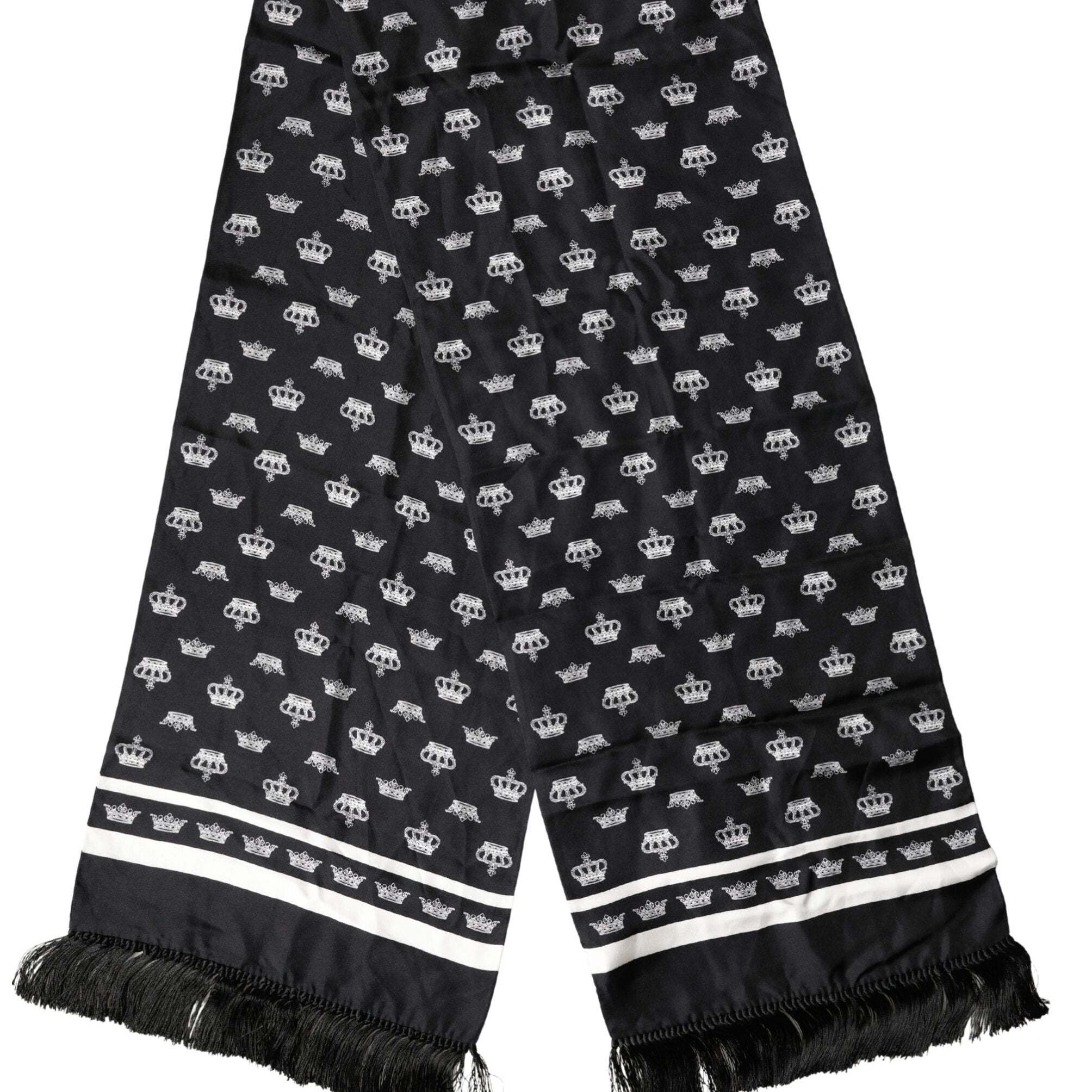 Dolce & Gabbana Black Silk Crown Fringe Neck Wrap 173cm x 32.5cm Scarf