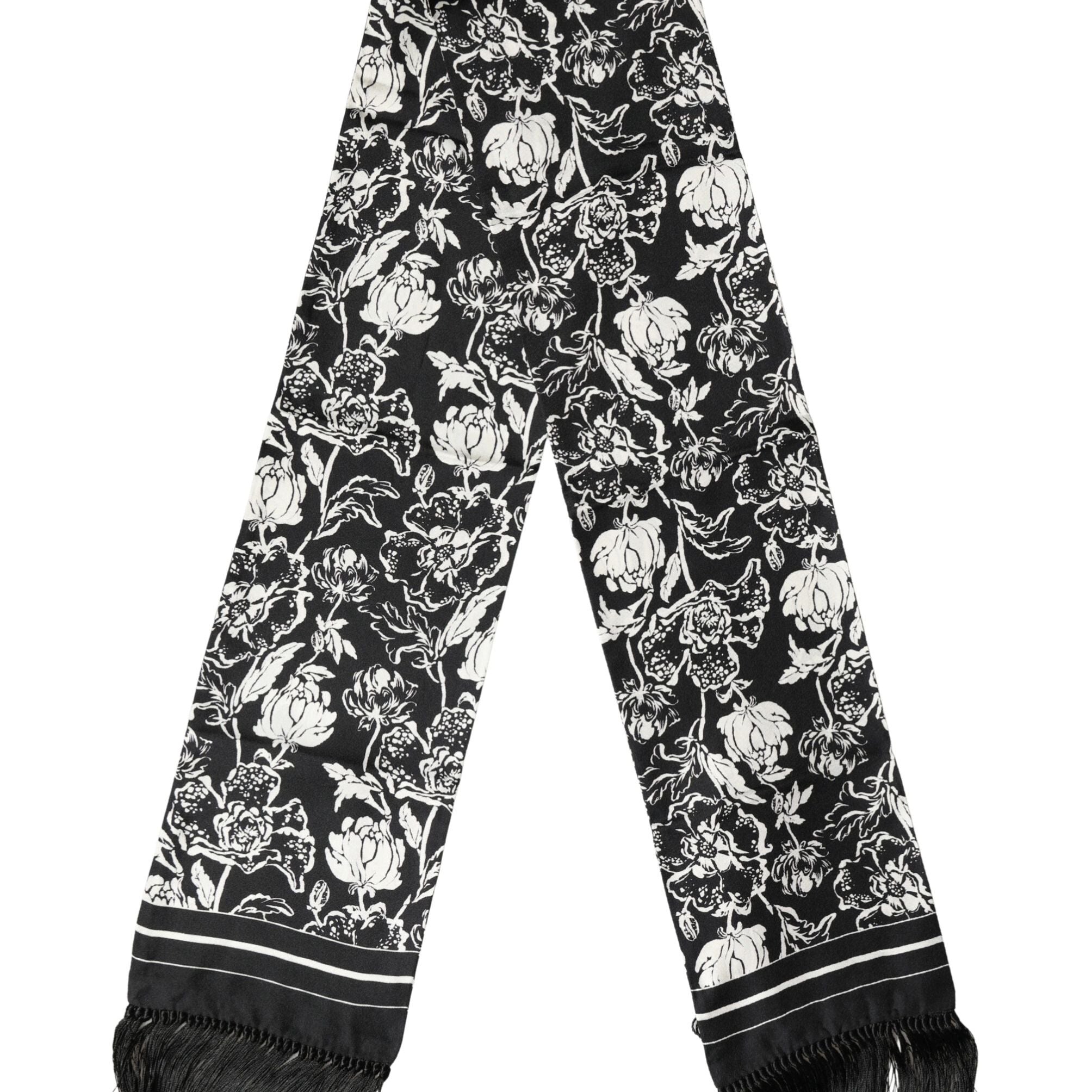 Dolce & Gabbana Black White Silk Floral Print Fringe 136cm X 15.5cm Scarf