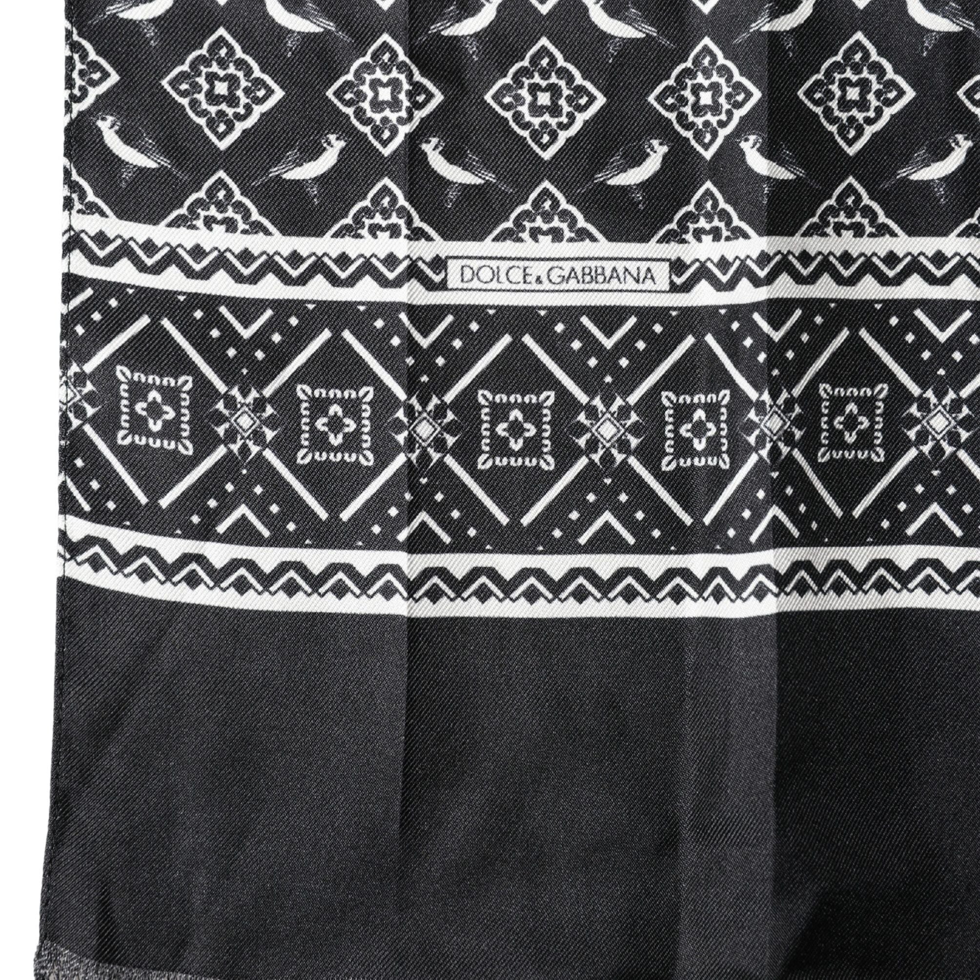 Dolce & Gabbana Black Gray Silk Bird Fringe Wrap Foulard 140cm X 23cm Scarf