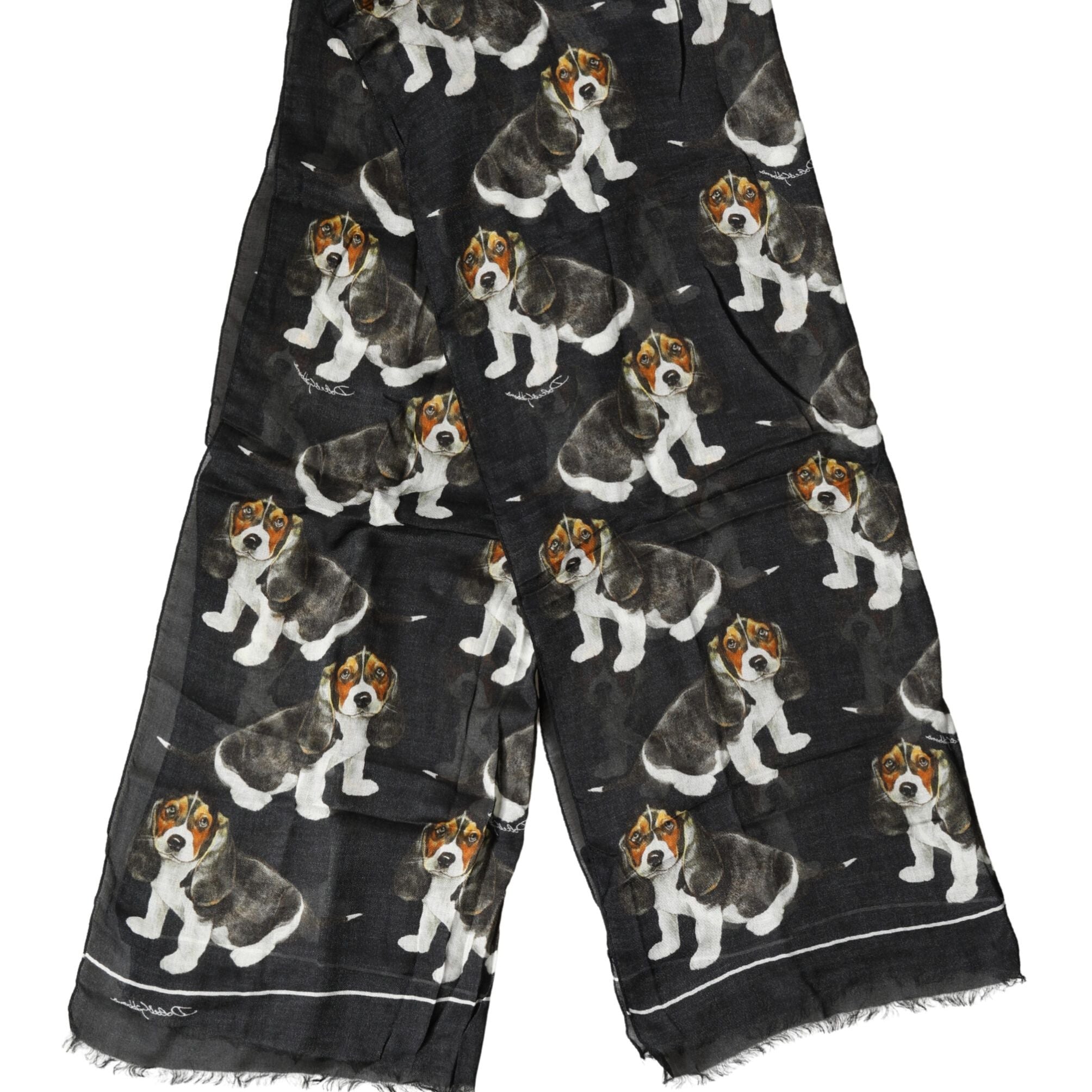 Dolce & Gabbana Black Dog Print Modal Wool Wrap Foulard 178cm X 63cm Scarf