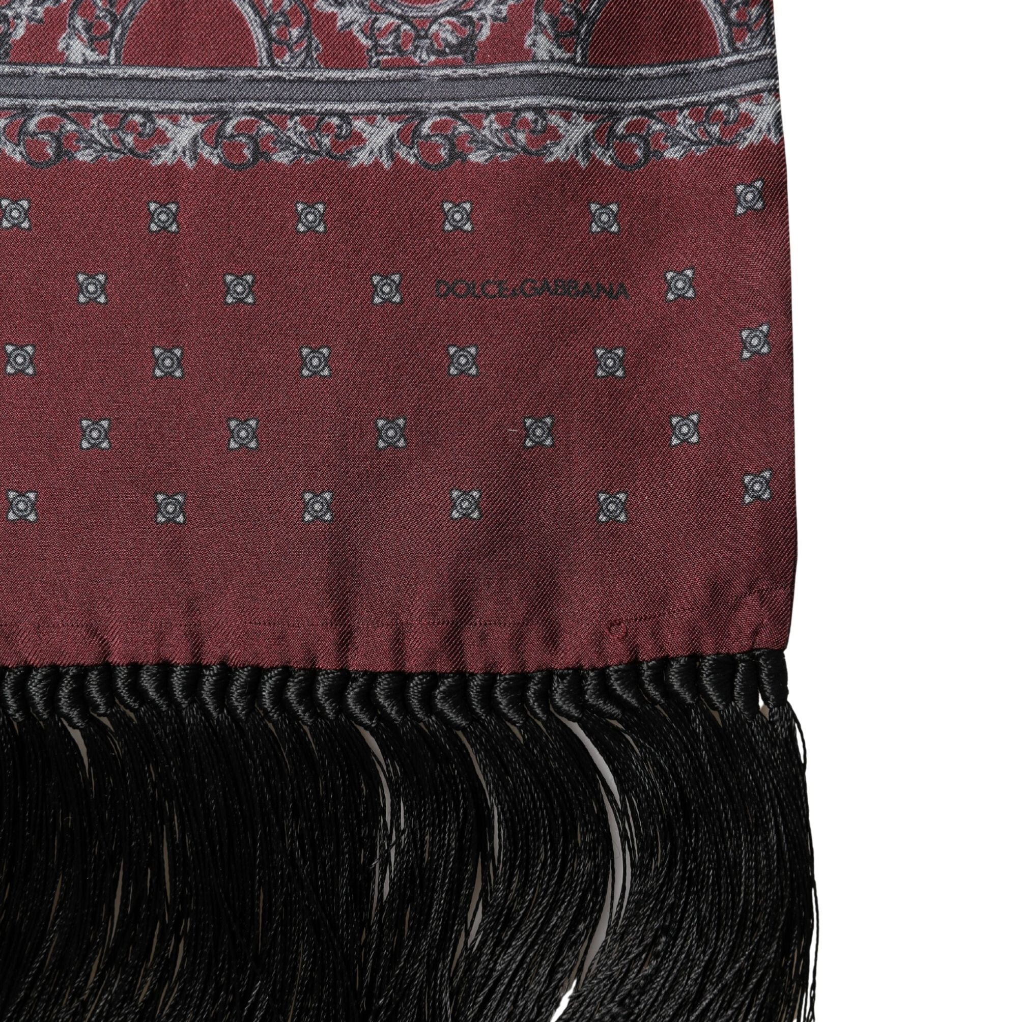 Dolce & Gabbana Burgundy Gray Patterned Fringe Foulard 141cm X 15.5cm Scarf