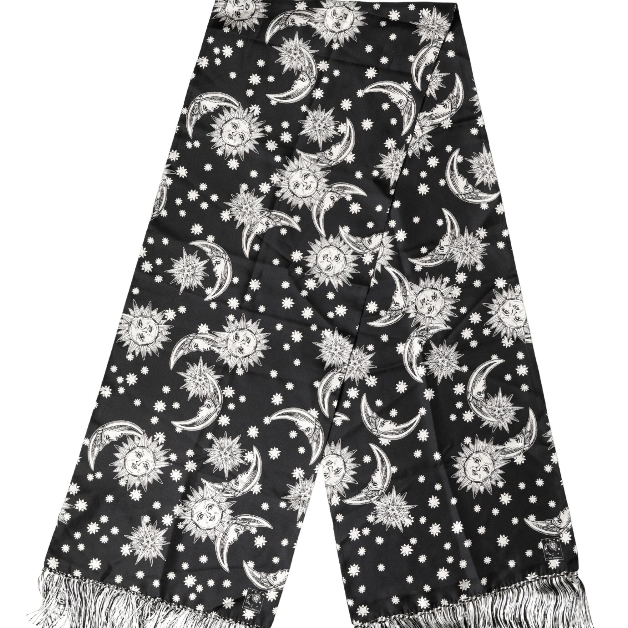 Dolce & Gabbana Black Silk Sun Moon Star Fringe Foulard 178cm X 33cm Scarf