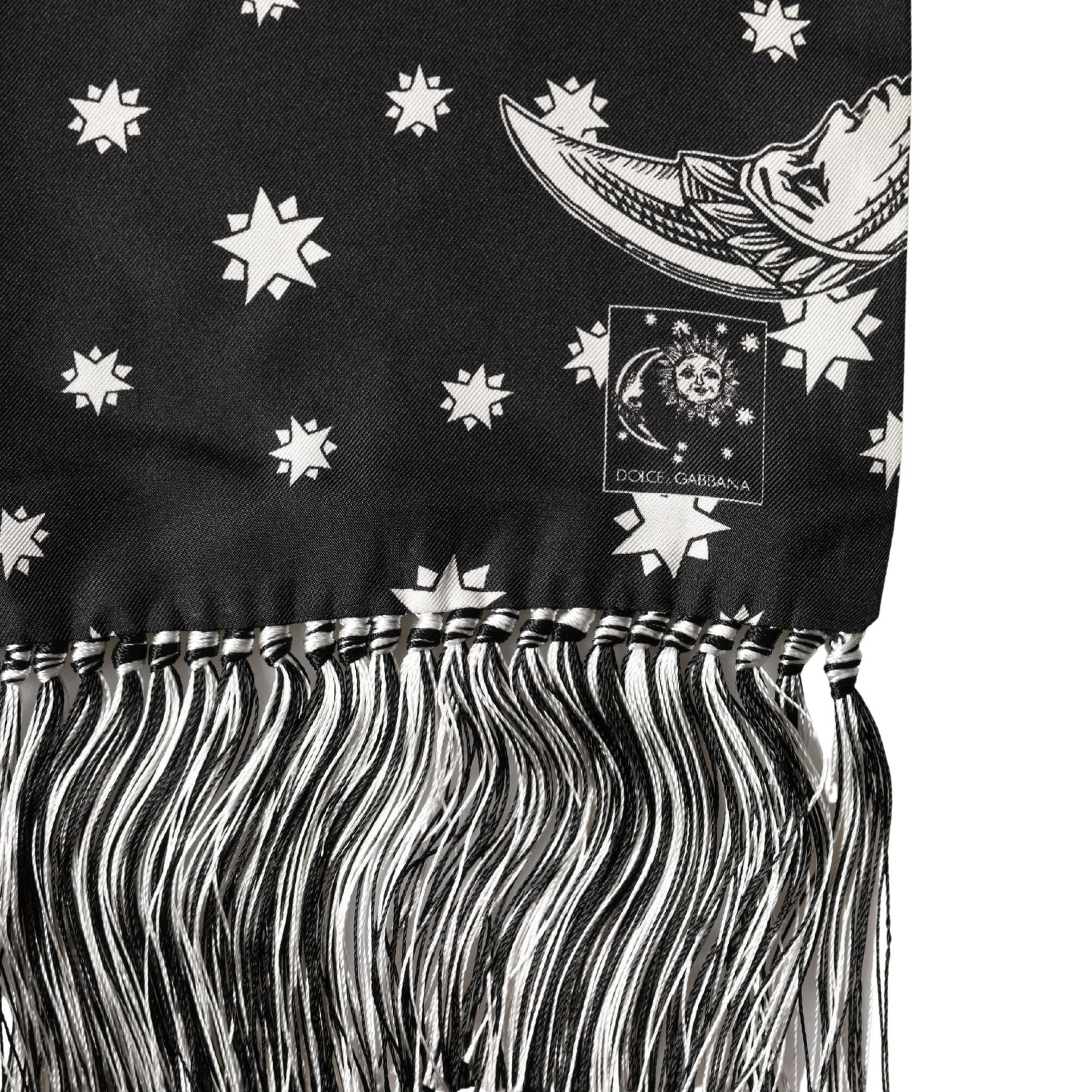 Dolce & Gabbana Black Silk Sun Moon Star Fringe Foulard 178cm X 33cm Scarf