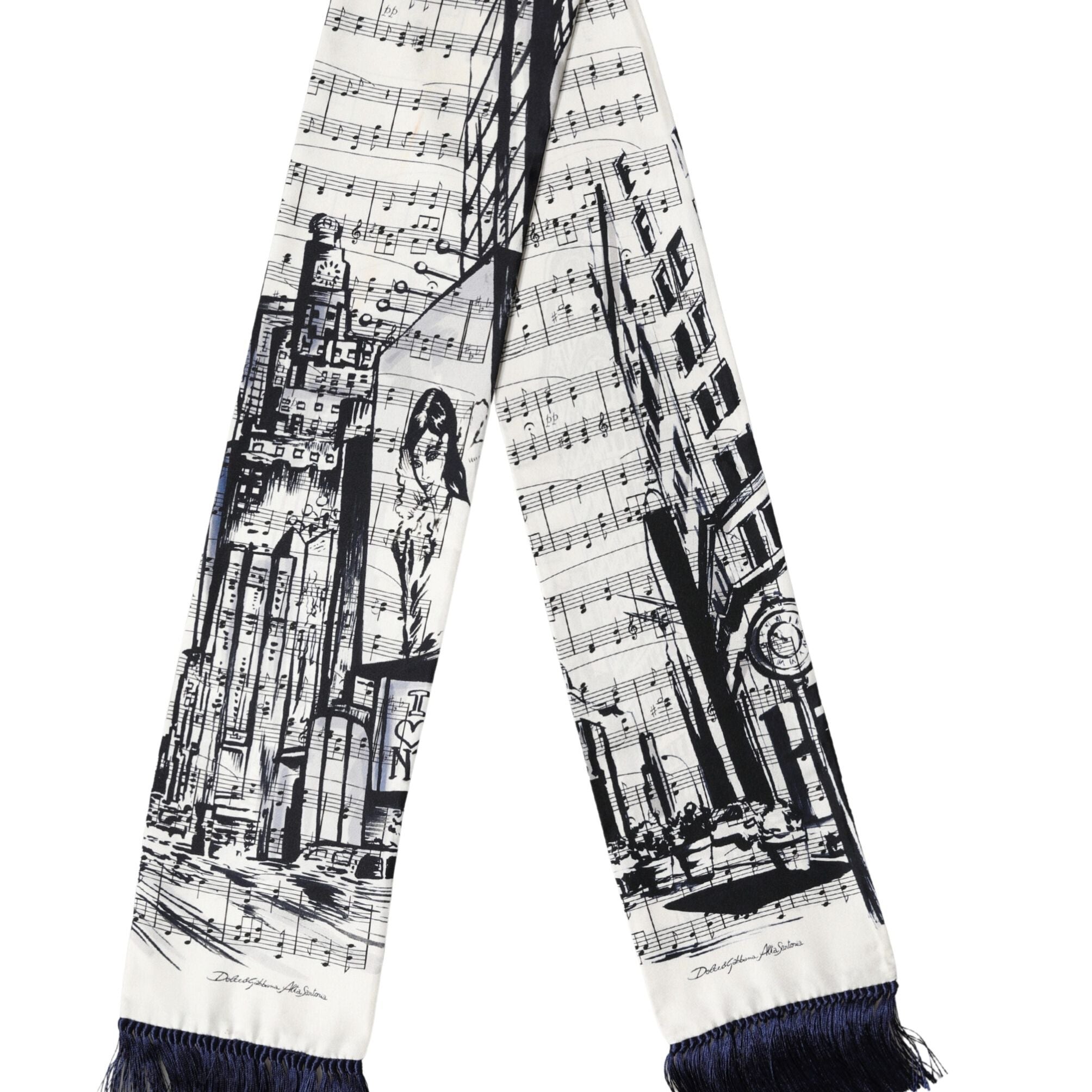 Dolce & Gabbana White Black Music City Print Silk Fringe 141cm X 15cm Scarf