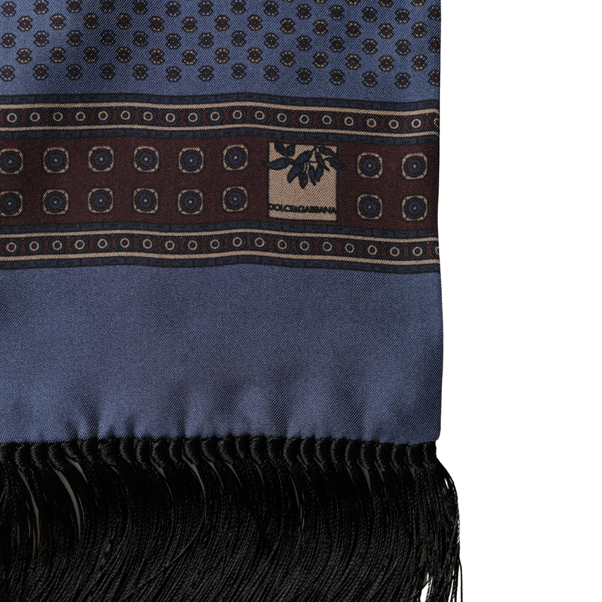 Dolce & Gabbana Blue Silk Geometric Fringe Foulard Wrap 131.5x15.5cm Scarf