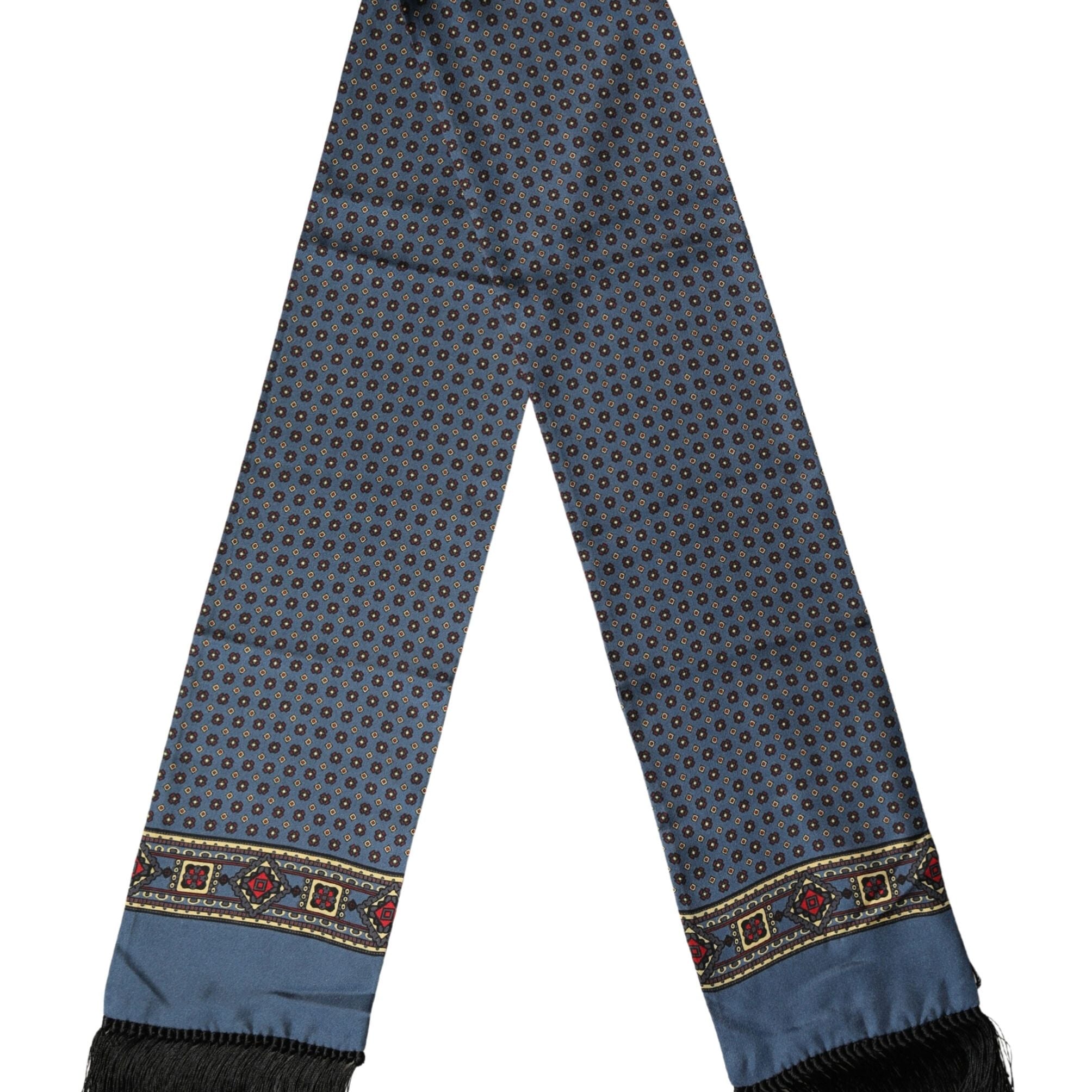 Dolce & Gabbana Blue Silk Geometric Fringe Foulard 134cm x 15.5cm Scarf