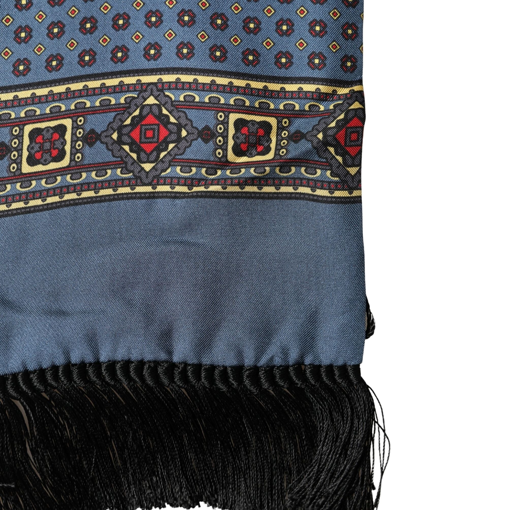 Dolce & Gabbana Blue Silk Geometric Fringe Foulard 134cm x 15.5cm Scarf