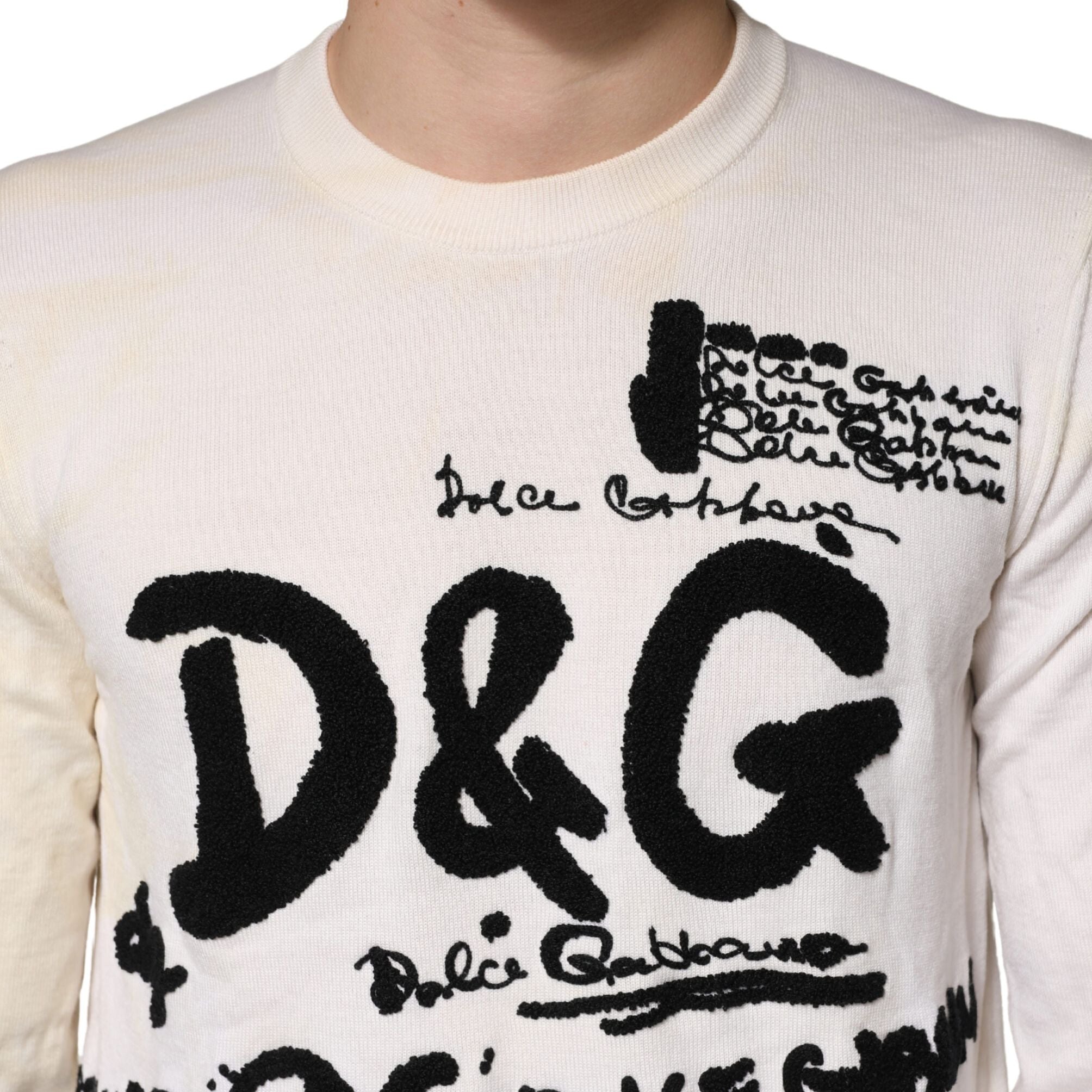 Dolce & Gabbana White Virgin Wool Graphic Logo Crewneck Sweater