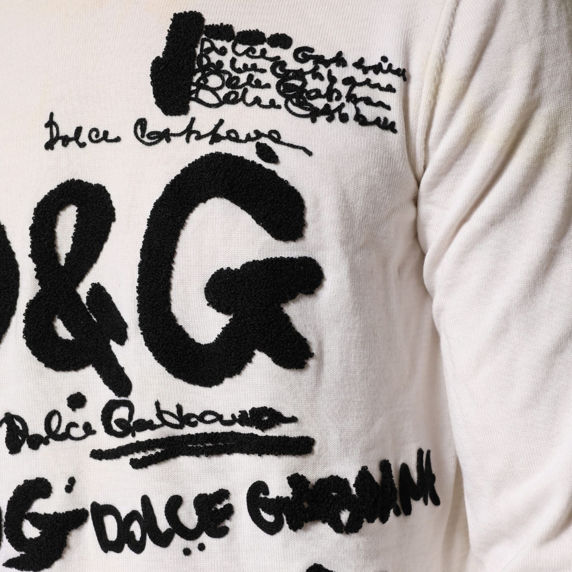 Dolce & Gabbana White Virgin Wool Graphic Logo Crewneck Sweater