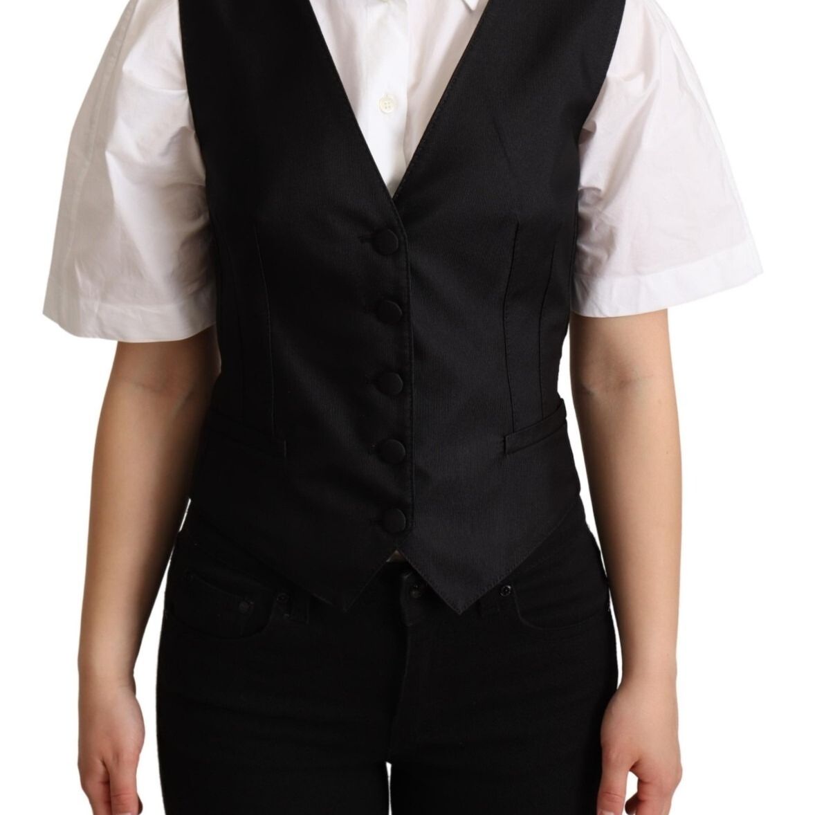 Dolce & Gabbana Solid Black Silk Sleeveless Waistcoat Vest Top