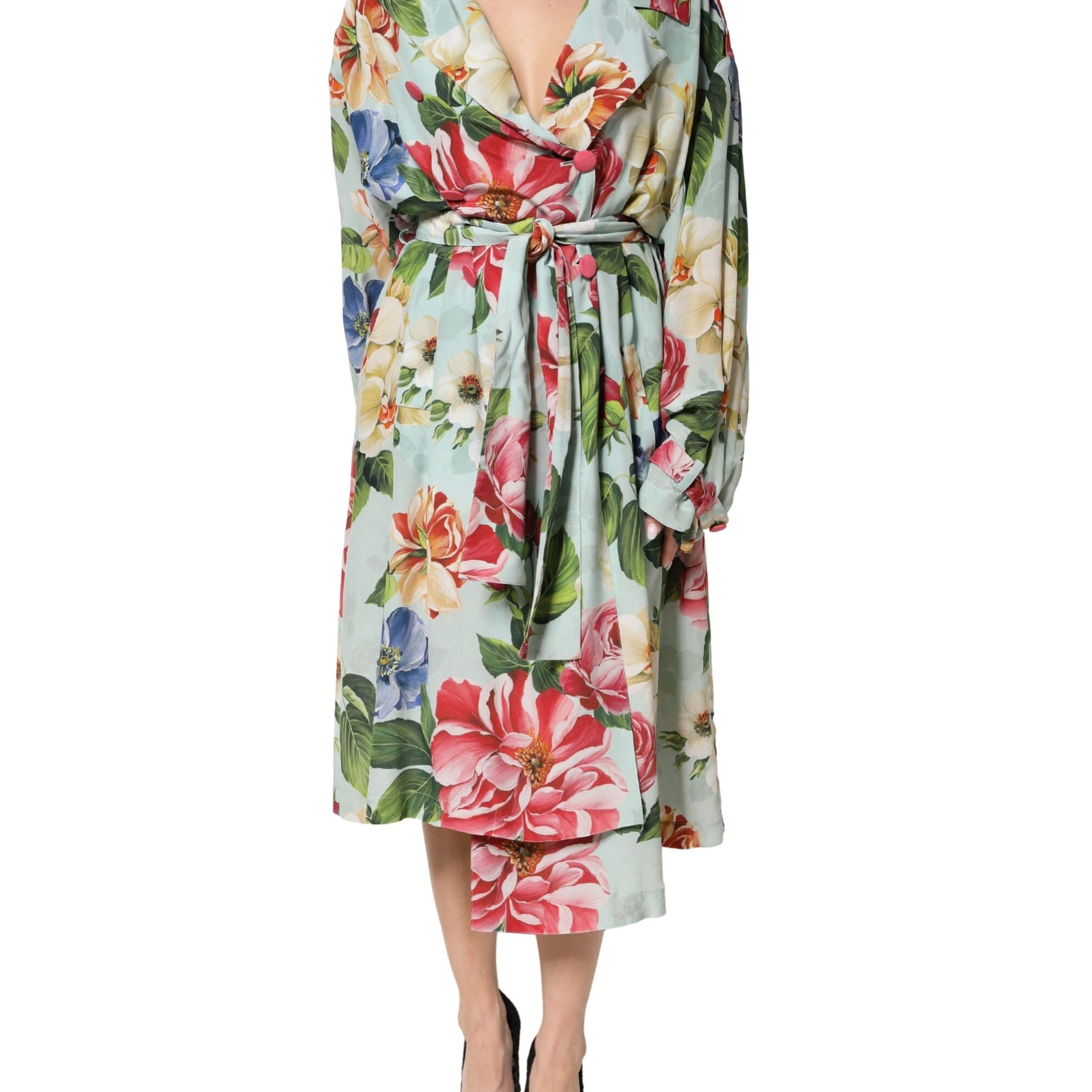 Dolce & Gabbana Green Floral Silk Wrap Midi Long Sleeve Dress