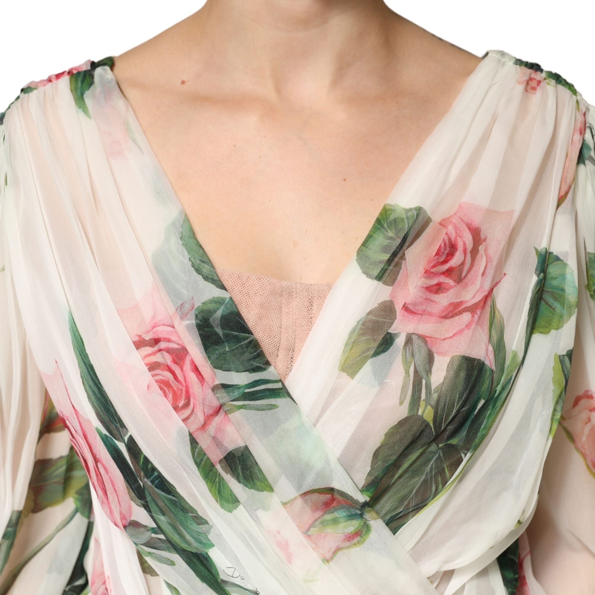 Dolce & Gabbana Green Floral Silk Wrap Midi Long Sleeve Dress