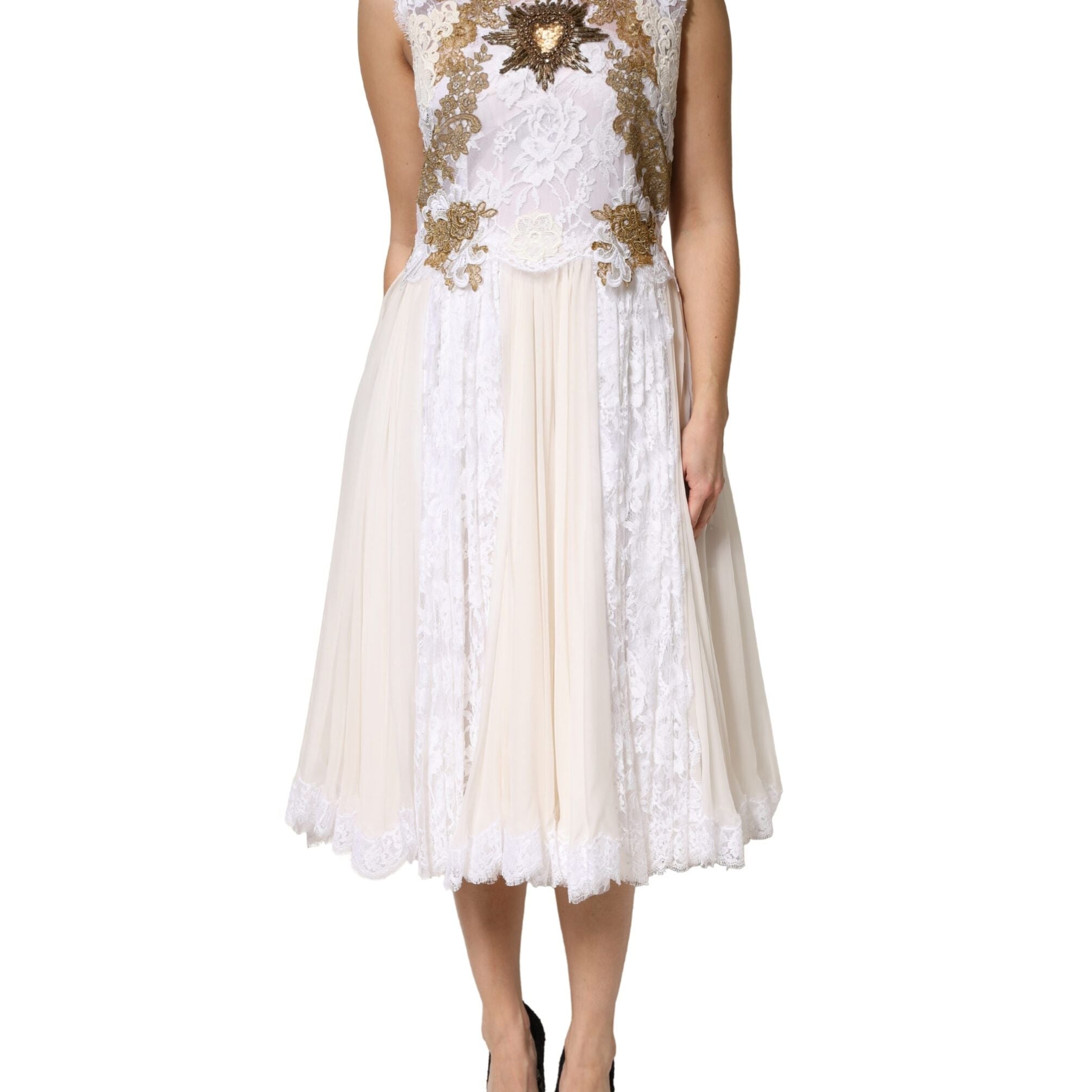 Dolce & Gabbana Ivory Lace Silk Embellished Sleeveless Dress