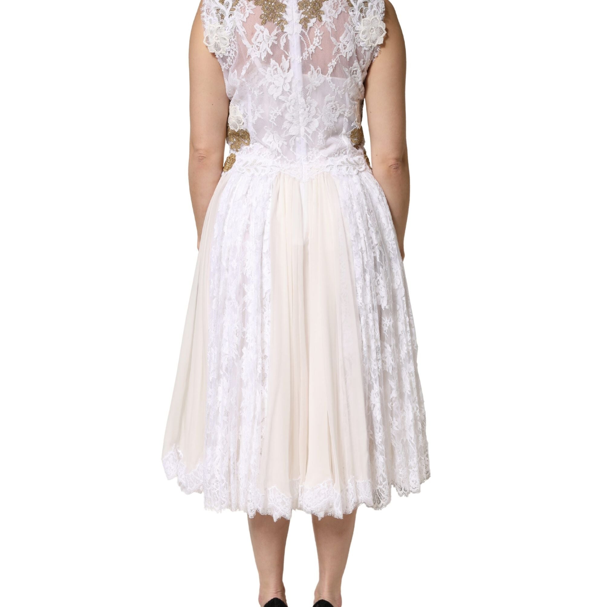 Dolce & Gabbana Ivory Lace Silk Embellished Sleeveless Dress
