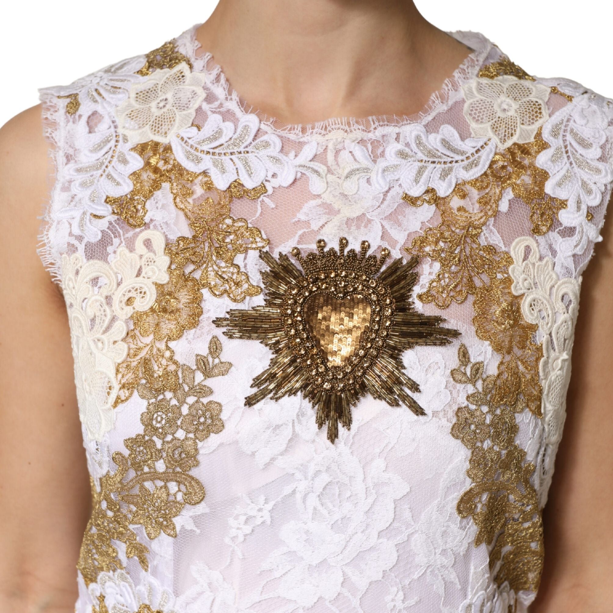Dolce & Gabbana Ivory Lace Silk Embellished Sleeveless Dress