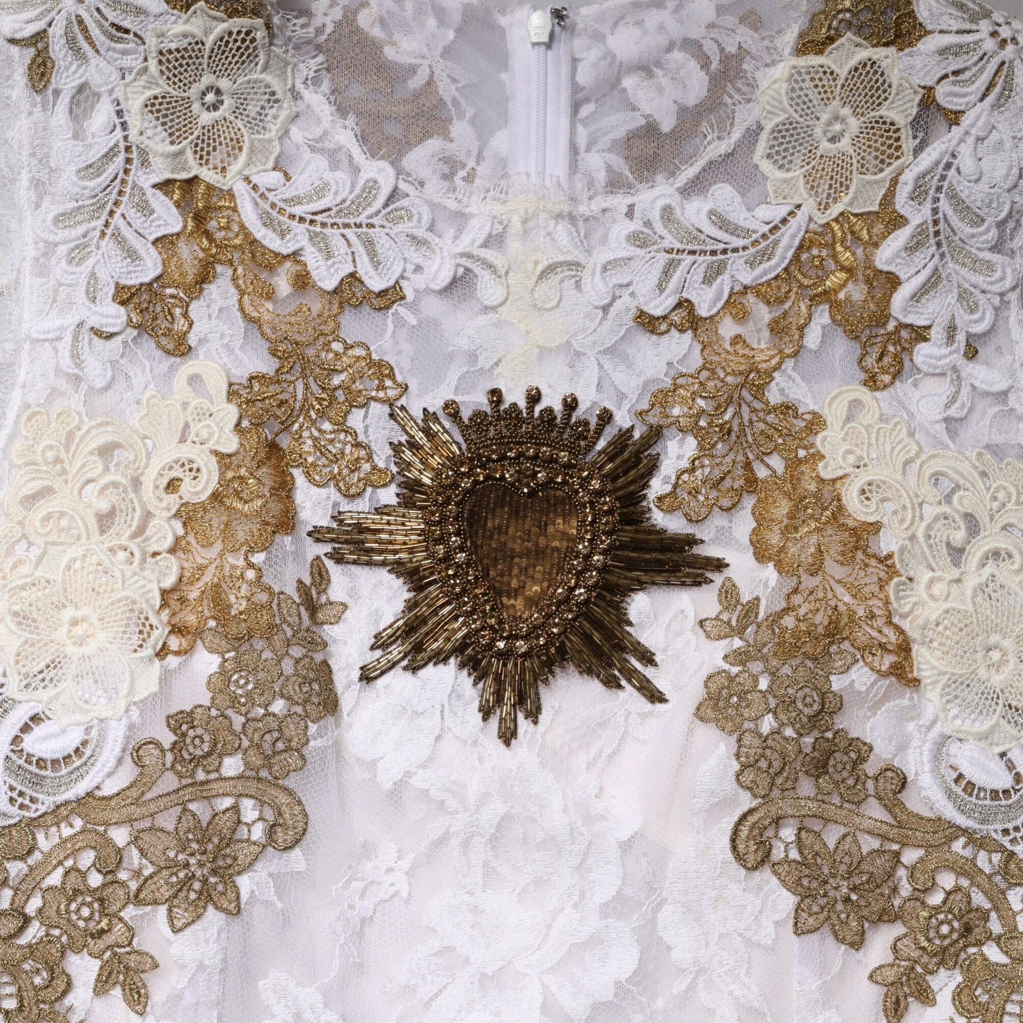 Dolce & Gabbana Ivory Lace Silk Embellished Sleeveless Dress