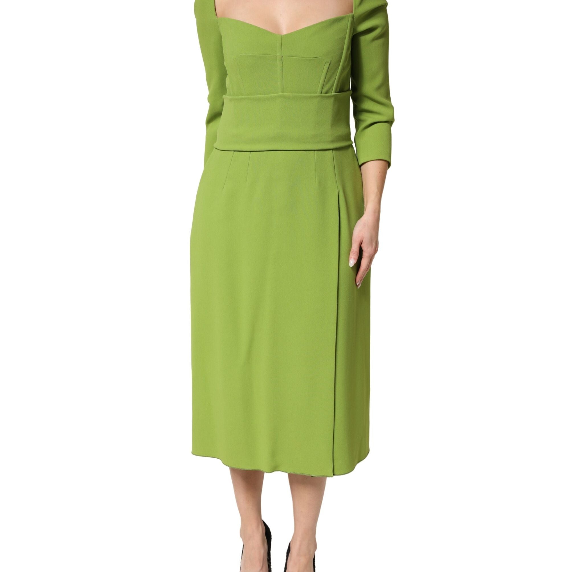 Dolce & Gabbana Green Silk Sweetheart Neckline Midi Dress