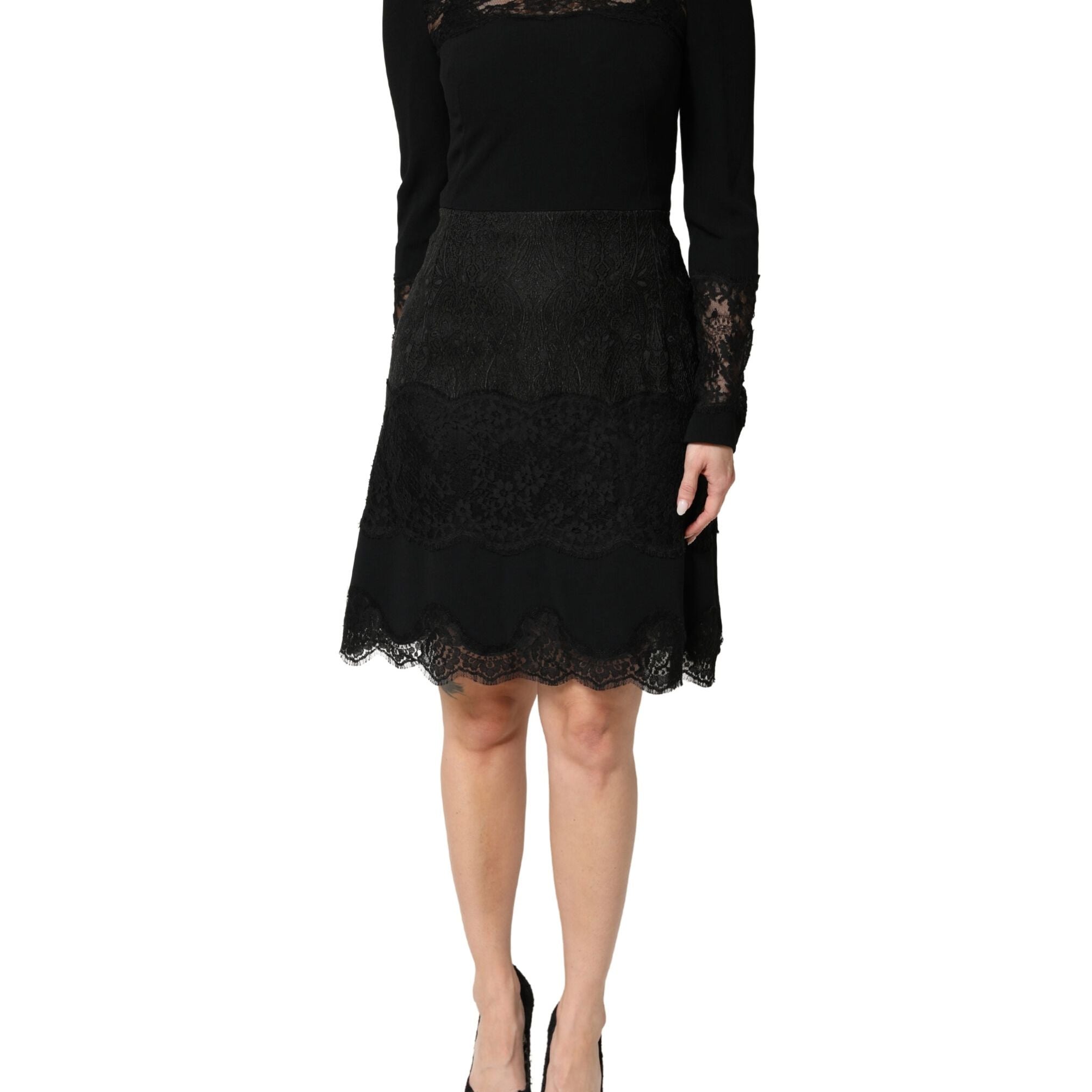 Dolce & Gabbana Black Lace Sheer Panel Midi Long Sleeve Dress