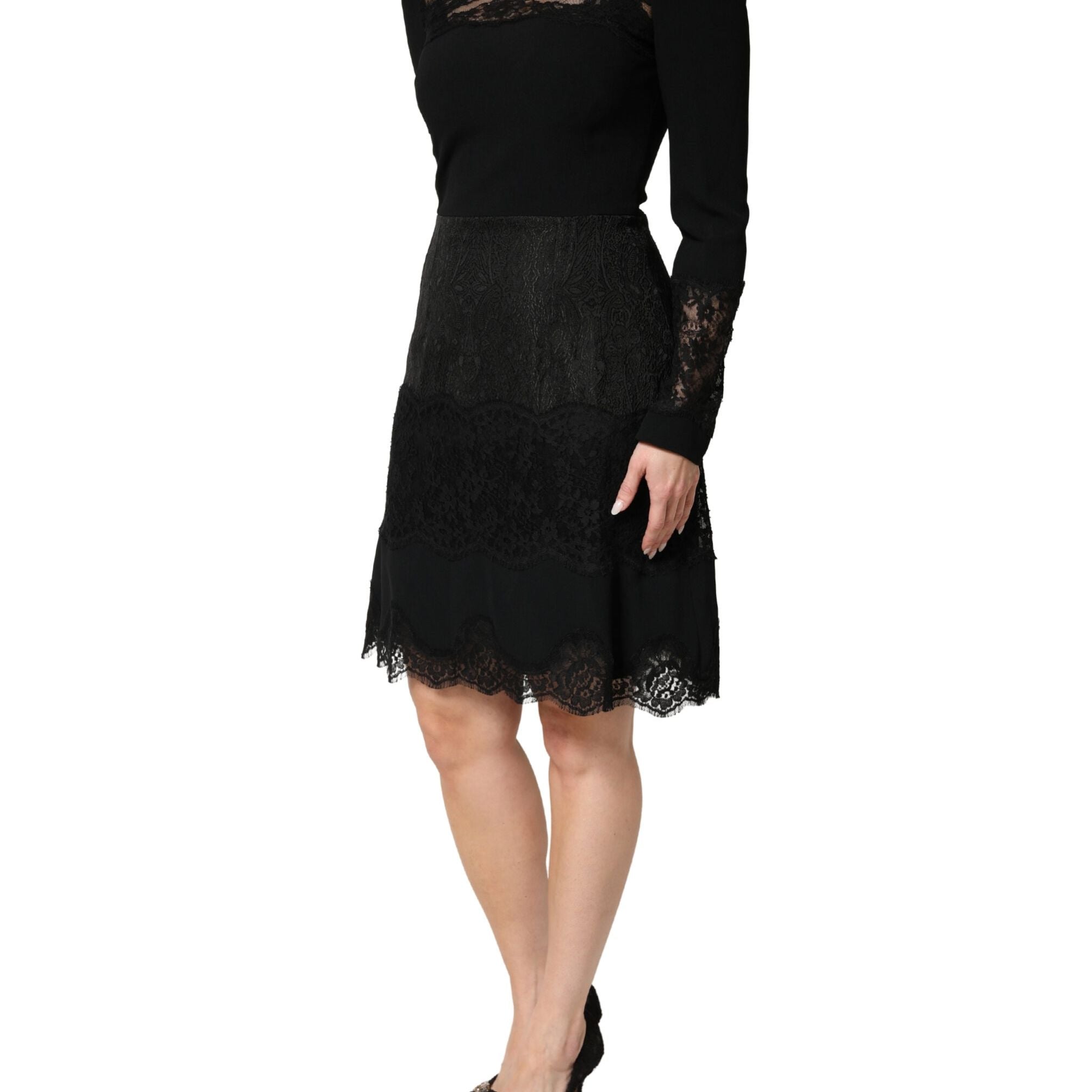 Dolce & Gabbana Black Lace Sheer Panel Midi Long Sleeve Dress
