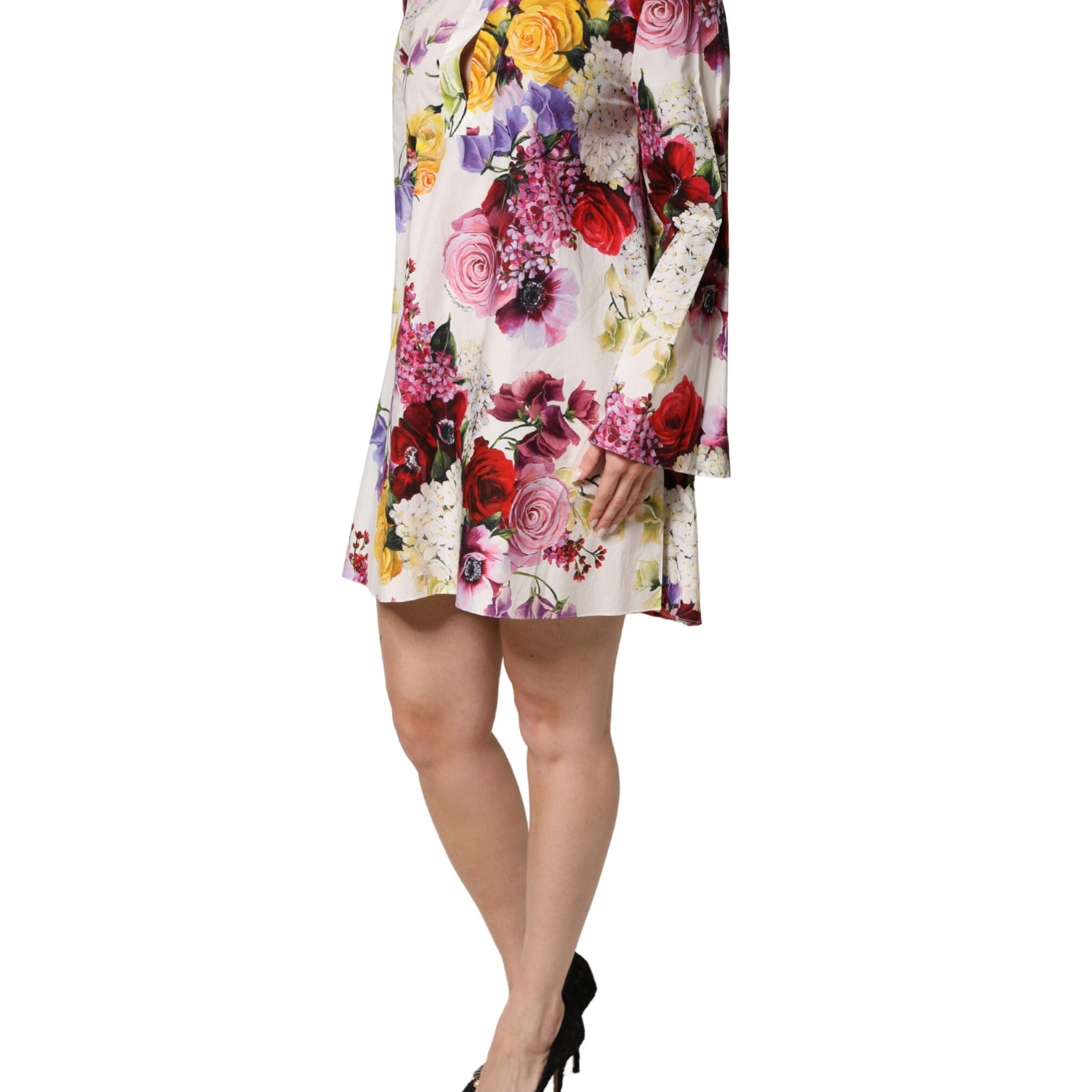 Dolce & Gabbana Multicolor Floral Cotton Longsleeves Midi Dress