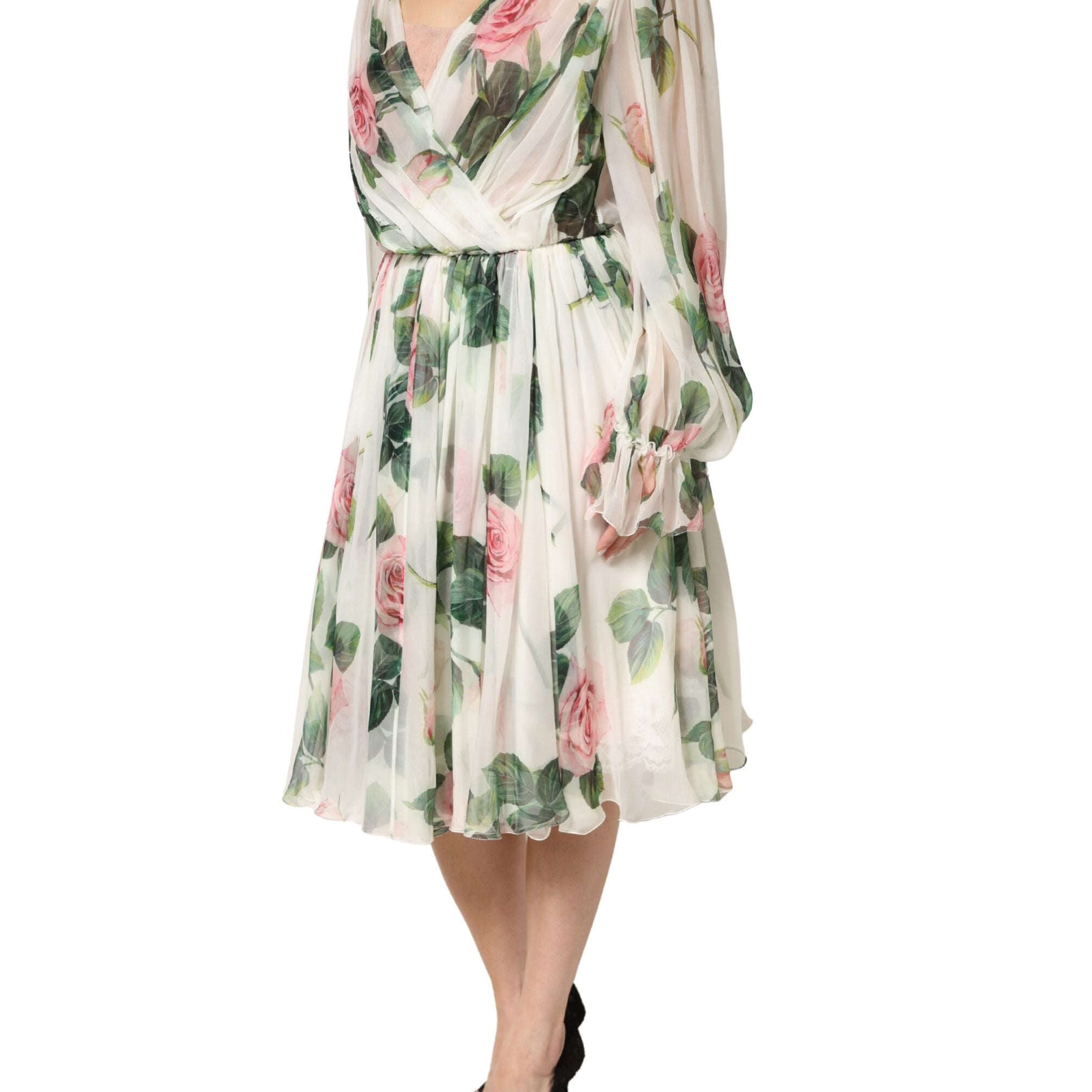 Dolce & Gabbana Floral Rose Ivory Silk Blend Longsleeve Dress