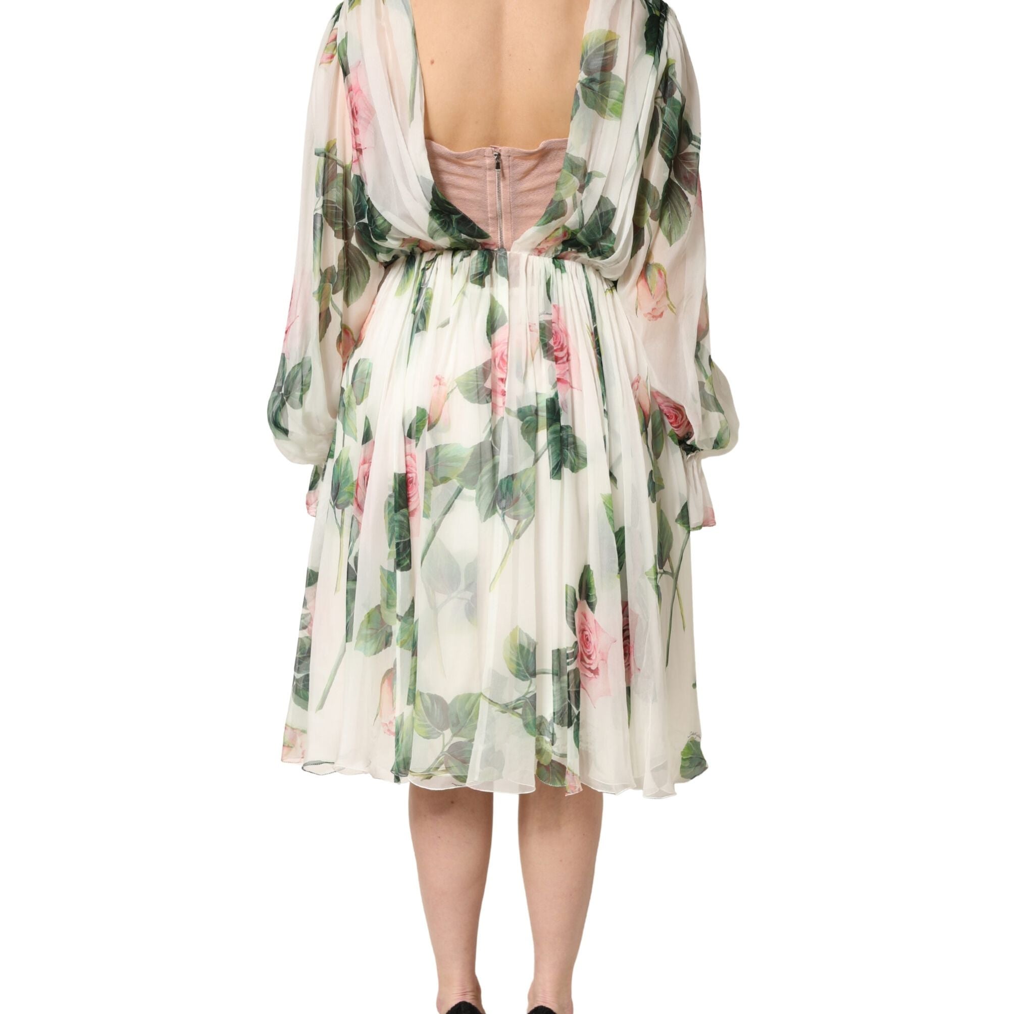 Dolce & Gabbana Floral Rose Ivory Silk Blend Longsleeve Dress