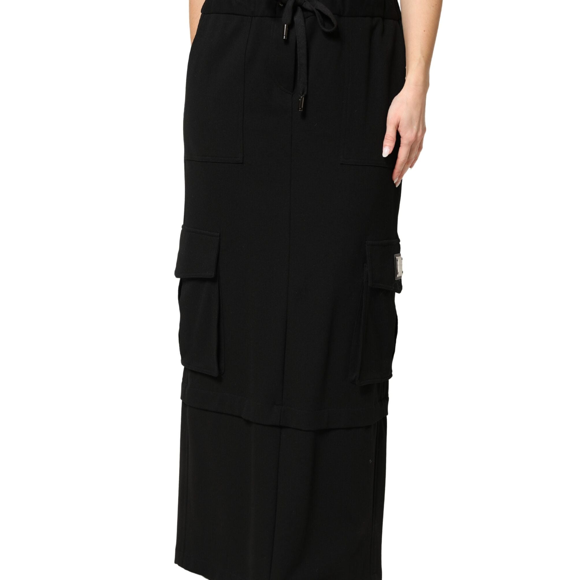 Dolce & Gabbana Black Cotton Drawstring Long Maxi Cargo Skirt